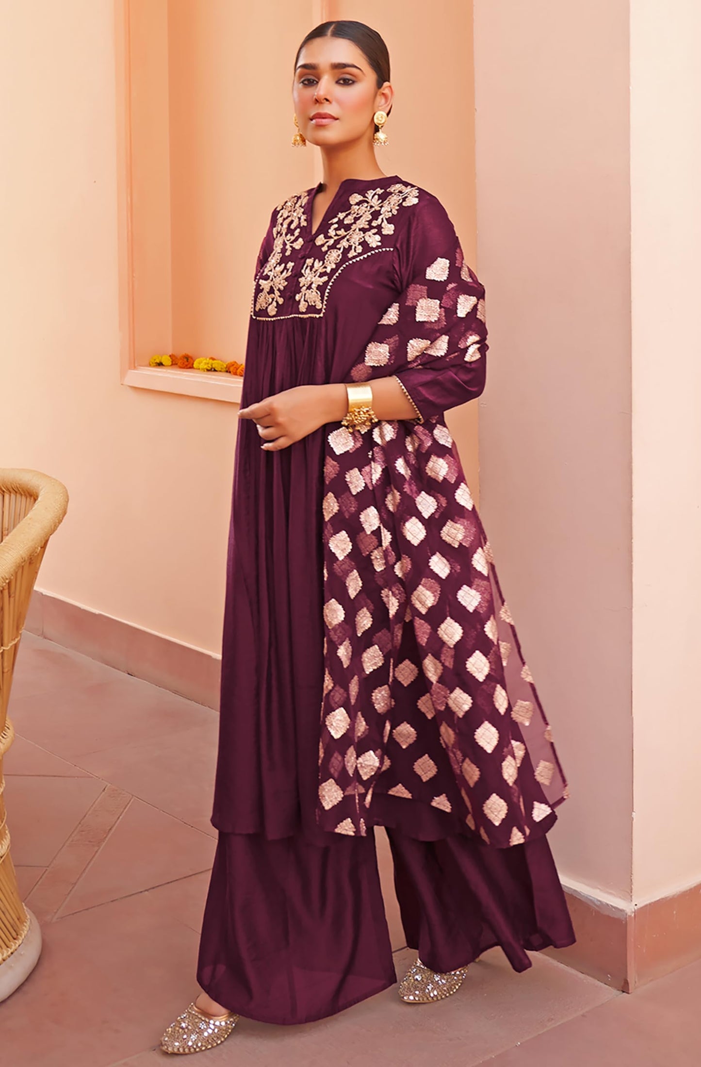 Janasya Women's Purple Chanderi Embellished Kurta with Palazzo and Dupatta(SET805-KR-PP-XS)