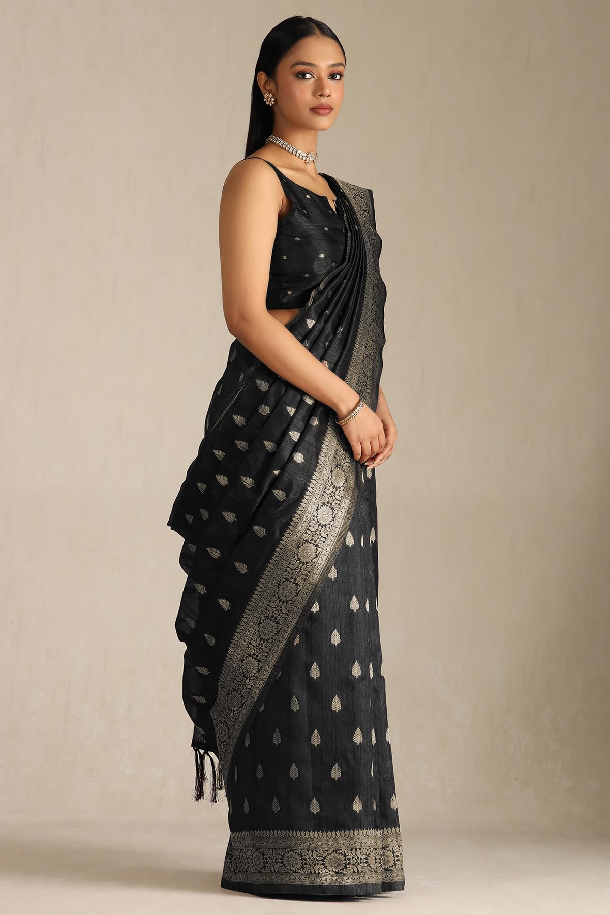 Soch Womens Black Tussar Zari Woven Saree With Zari
