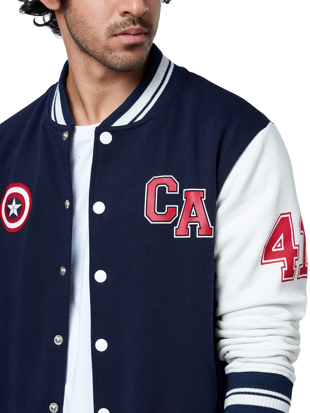 The Souled Store| Official Captain America: Steve Rogers Mens and Boys Jackets|Full Sleeve|Regular fit Graphic Printed | 60% Cotton 40% Polyester White & Navy Blue Color Men Jackets