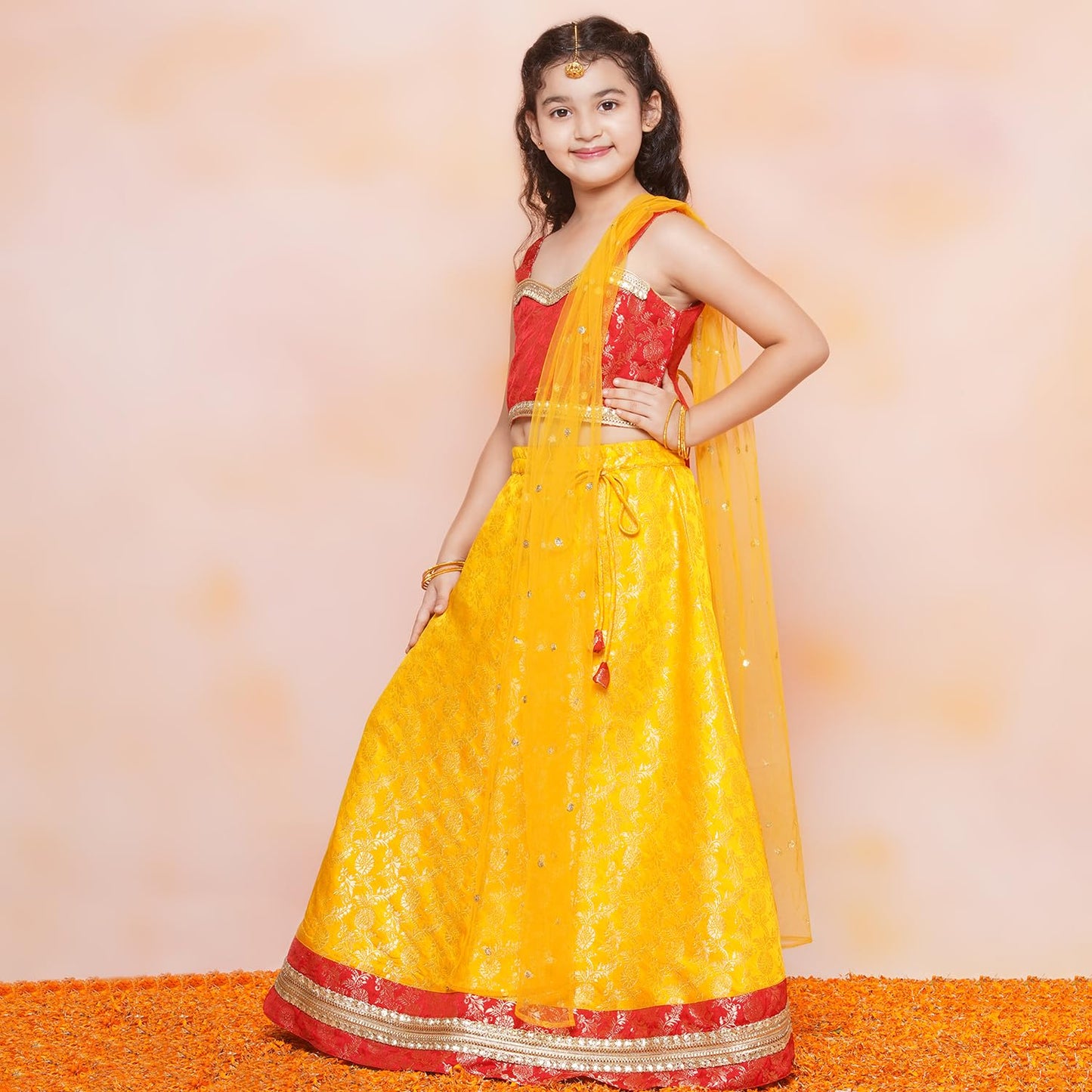 AJ DEZINES Kids Ethnic Wear Jacquard Brasso Printed Sleeveless Yellow Lehenga Choli Set For Girls (G-LH11-YELLOW-38)