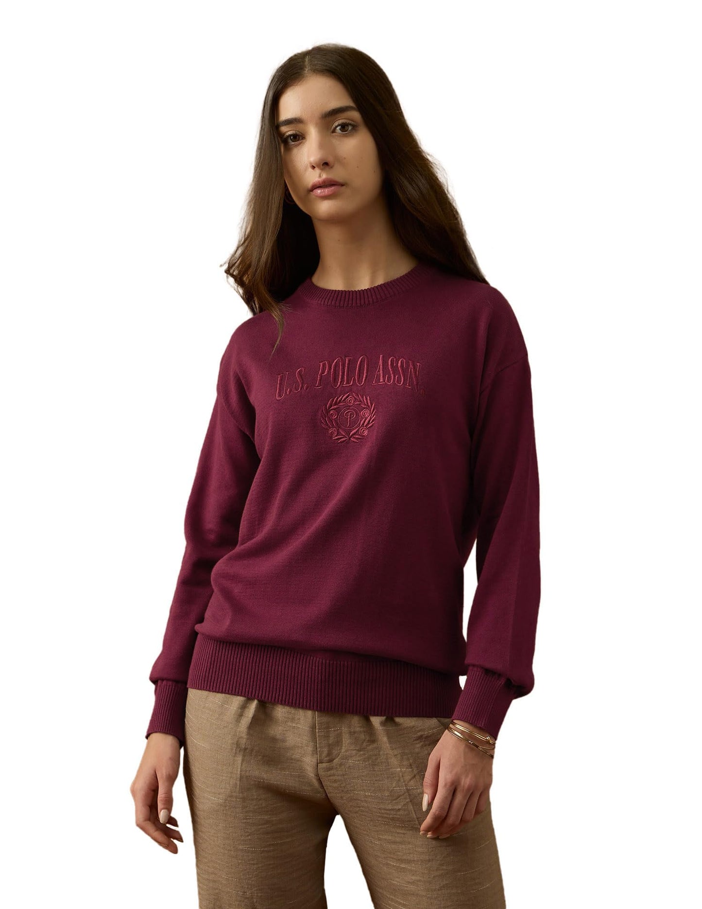 U.S. Polo ASSN. Women Relaxed Fit Drop Shoulder Sweatshirt (UWAW25SWE208_Maroon_L)