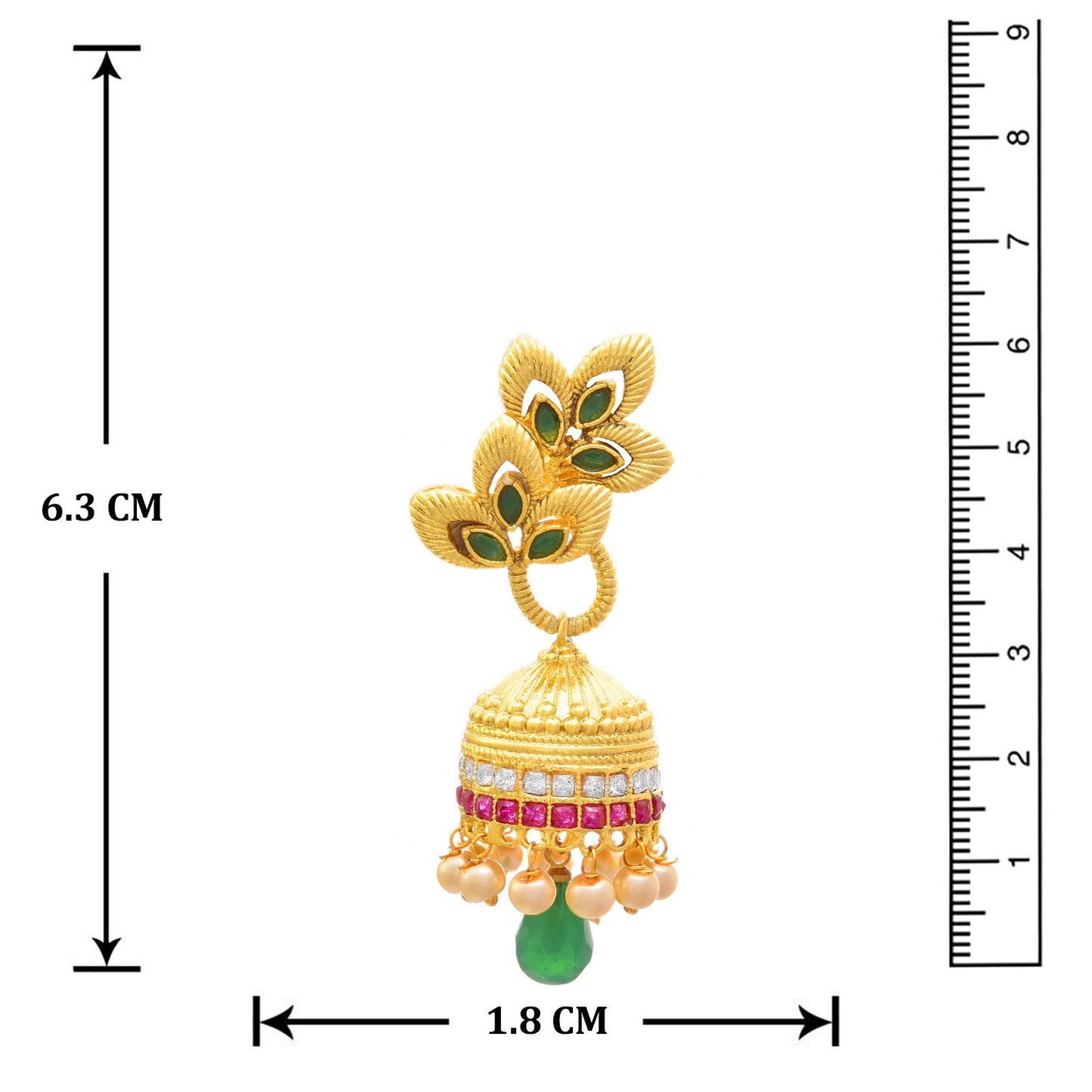 JFL - Traditional Ethnic One Gram Gold Plated Green & Red Stone CZ American Diamond Design Jhumki Earring for Women & Girls,Valentine