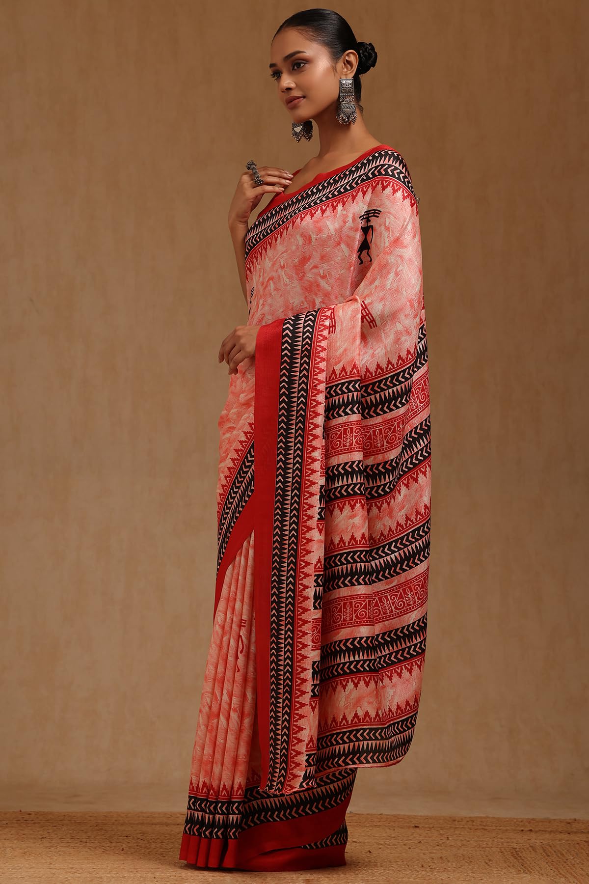 Soch Womens Red Art Silk Warli Print Saree