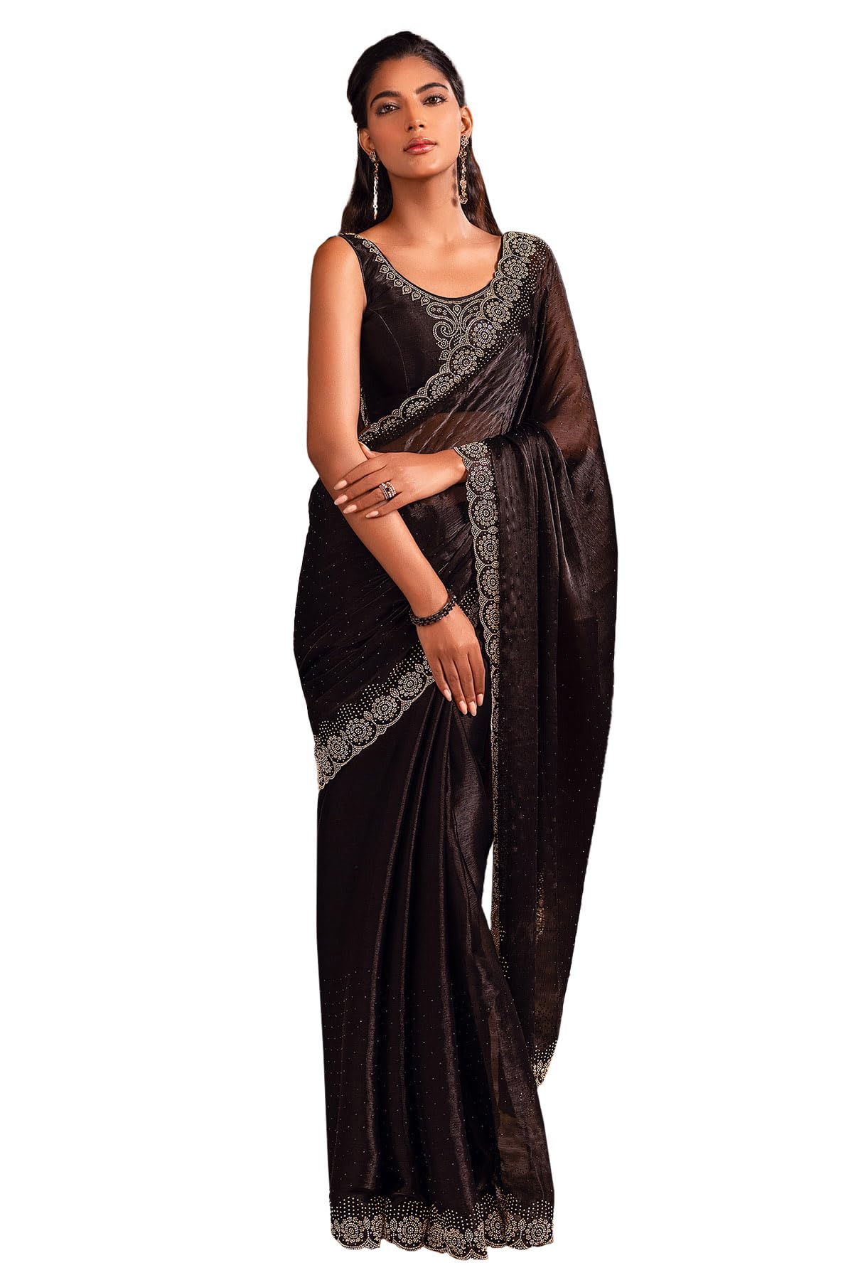 Soch Womens Black Organza Saree With Stone Work
