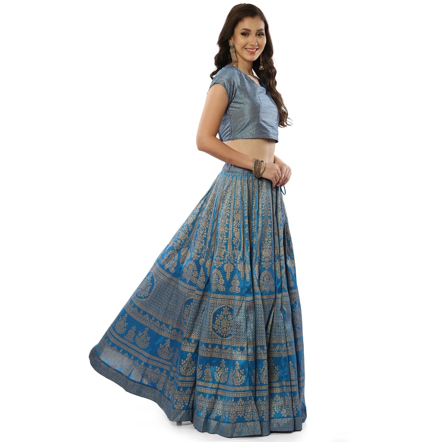 BIBA Women's Polyester Lehenga Set Readymade Printed Flared Salwar Kurta Dupatta(Skdfestive 8367_Turquoise_36)