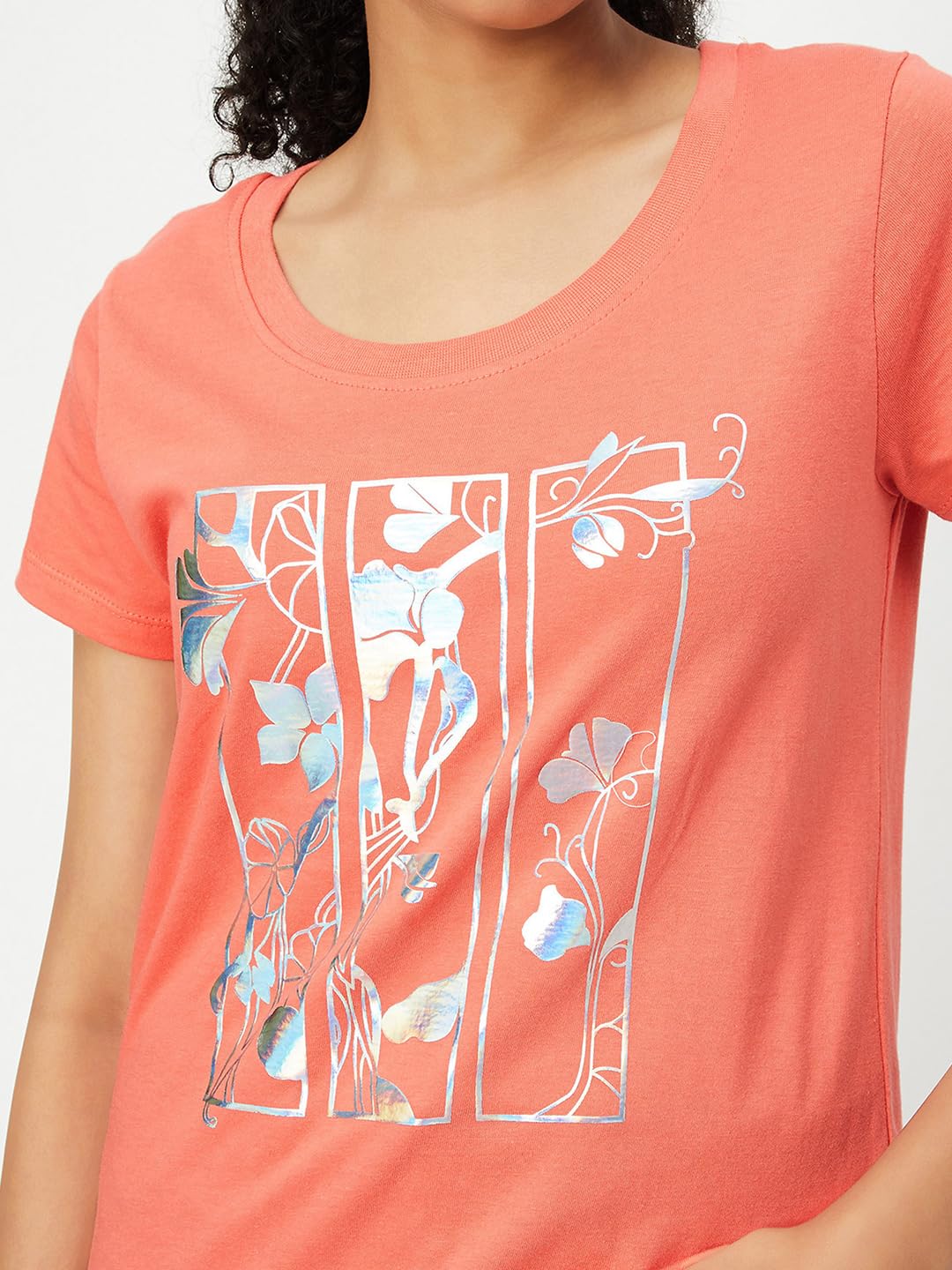 Max Women's Cotton Regular Fit Metallic Printed T-Shirt (Sp24Ccp05Orange)_M