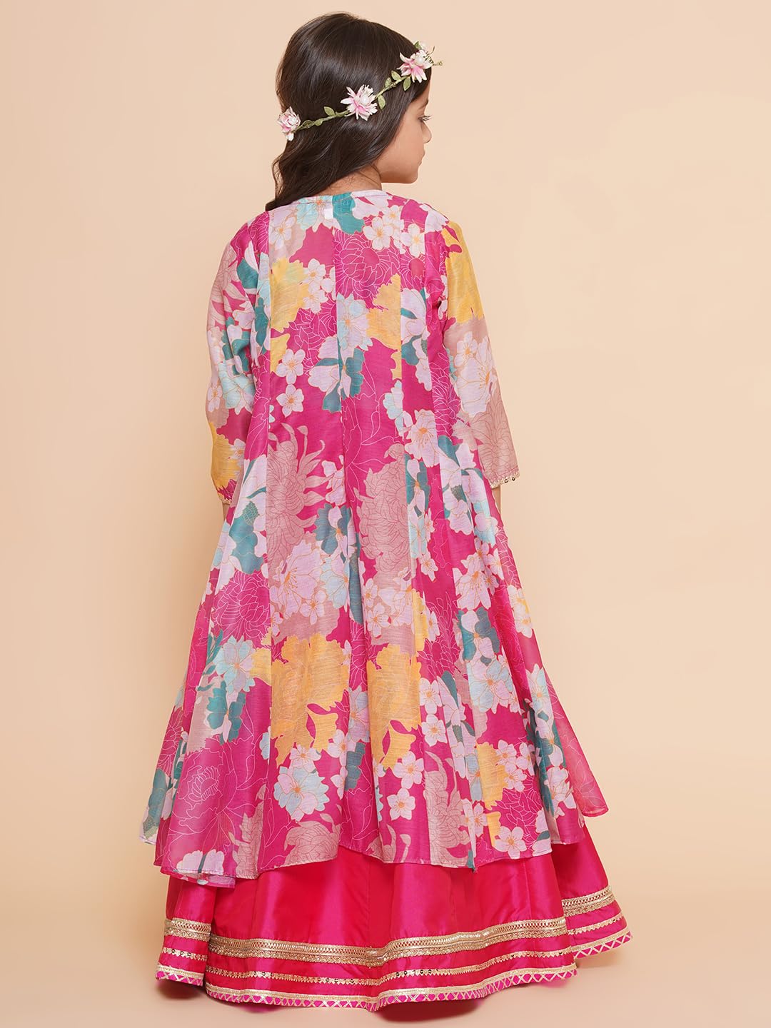 Bitiya by Bhama Girls Pink Floral Print Top & Shrug With Ready to wear Skirts