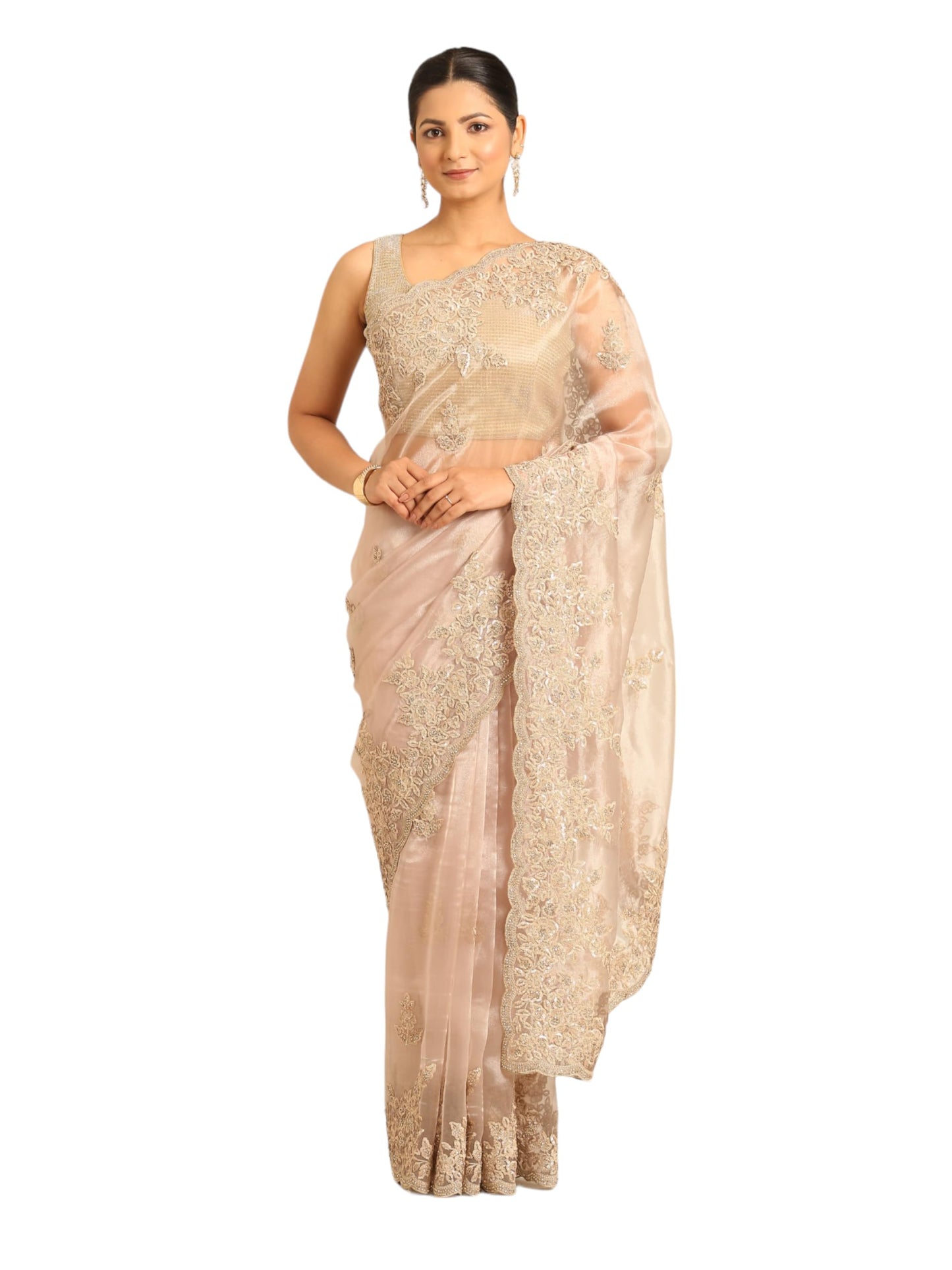 MOHEY Women's Fawn Organza Embroidered Sequins Saree
