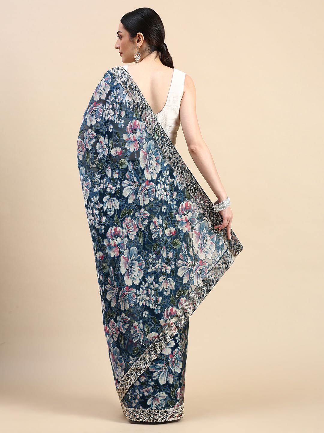 MOHEY Blue Organza EMBROIDERY|Cutdana|Printed|Stone Saree for Women