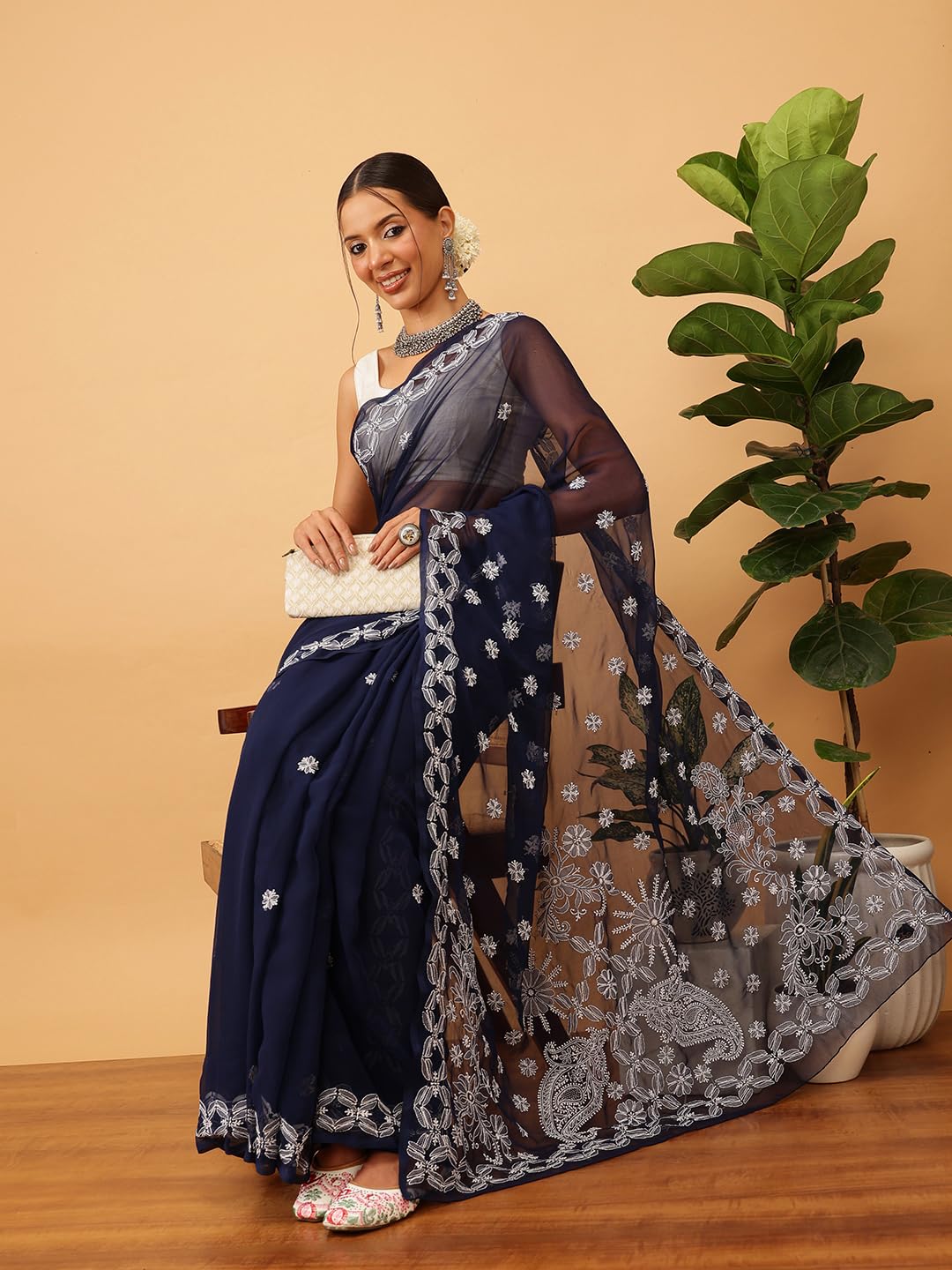 Ada Women's Hand Embroidered Lucknowi Chikankari Georgette Saree With Unstitched Blouse Piece A311378 Navy Blue