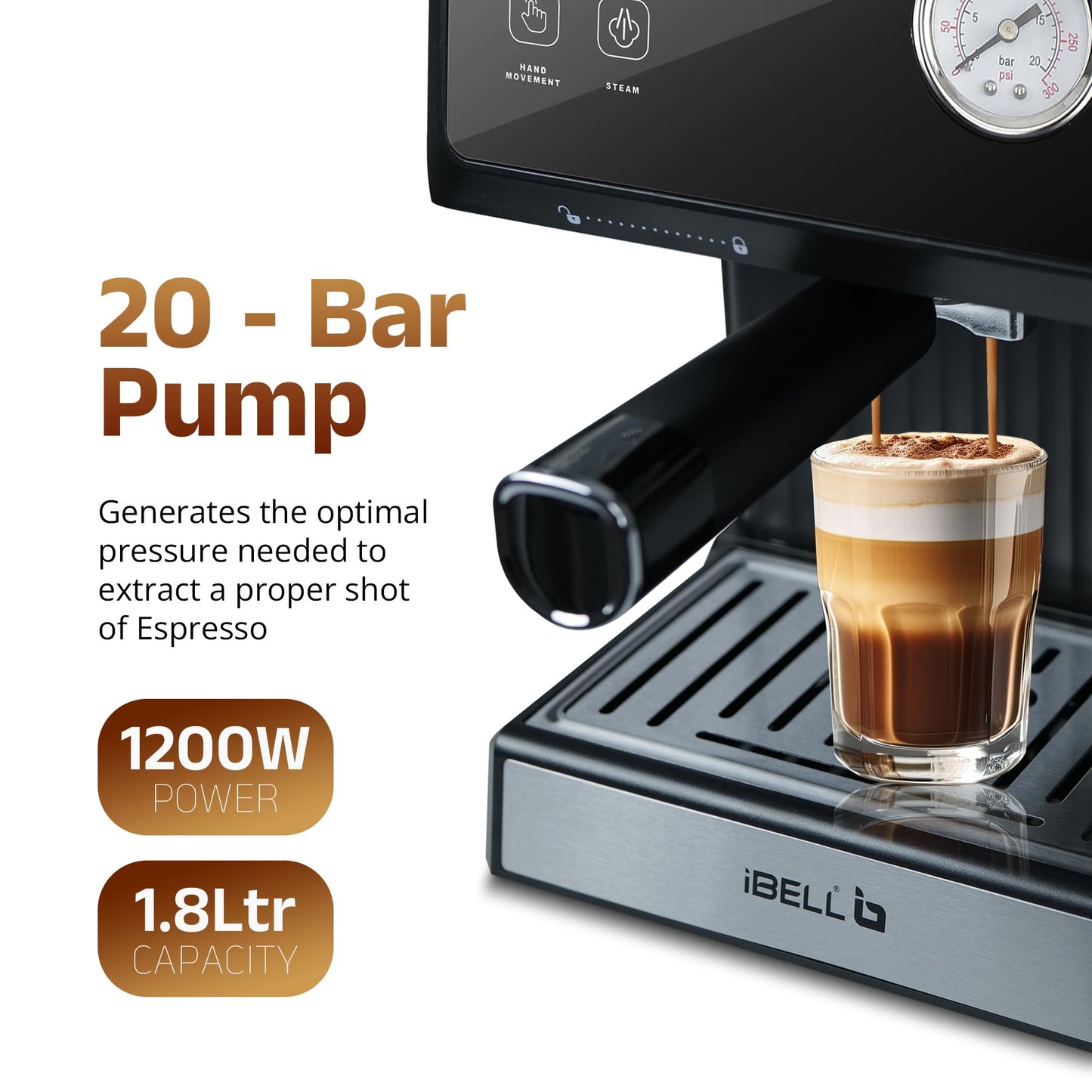 IBELL Espresso Machine, Coffee Maker for Home, 20 BAR, 2 Year Warranty, Touch Controls, Milk Frothing, Temperature Control System for Espresso, Cappuccino, Americano, Latte, 1200W, BARISTAMAX300