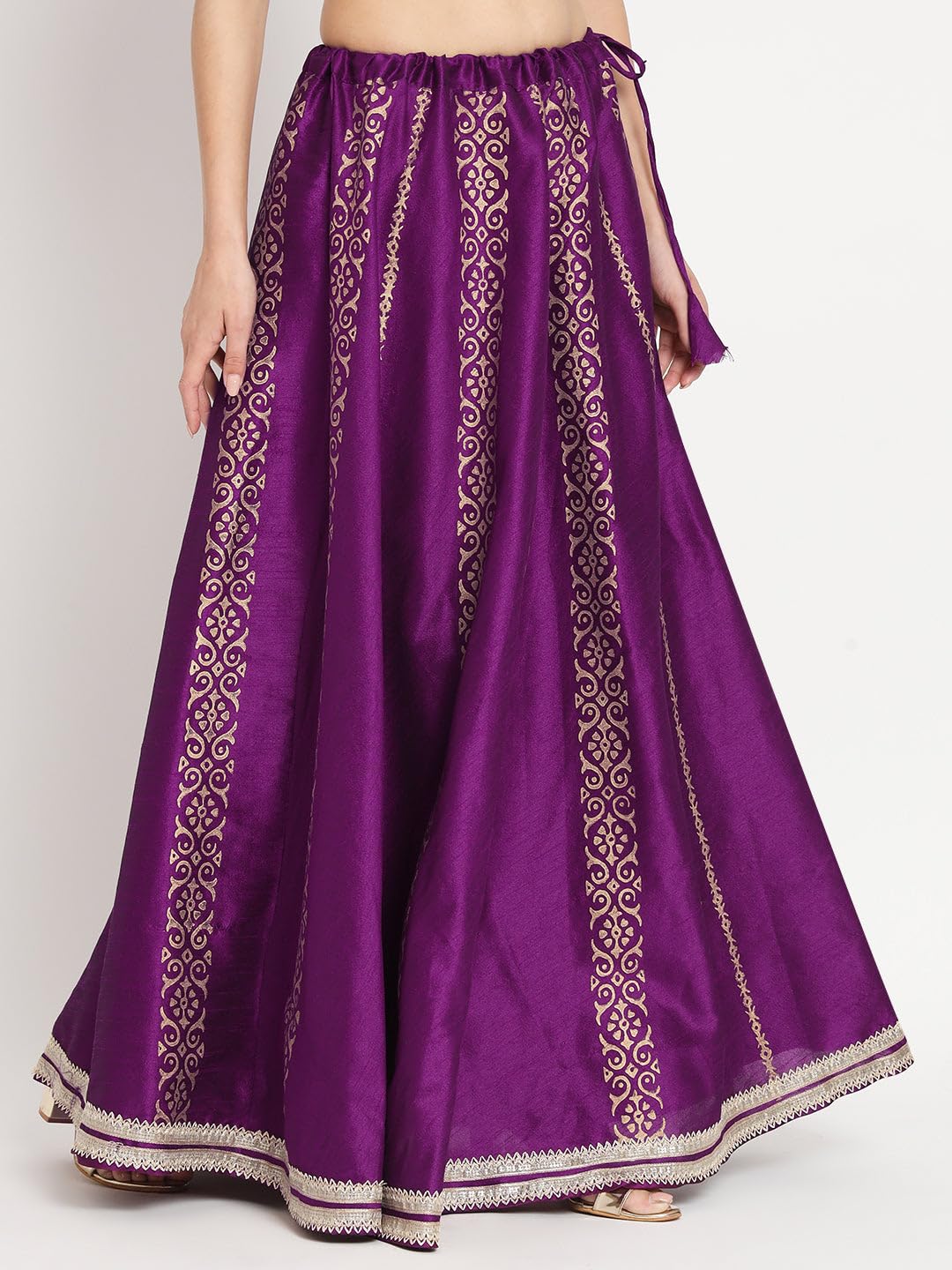 studio rasa Women's Dupion Hand Block Printed Embellished Bias Freesize Skirt for Festive Party Wedding (SKTC52301_Purple)