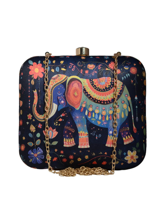 Artklim Women’s Elephant Printed Clutch Bag | Ladies Evening Clutch Purse for Casual Outings, Party Bridal and Wedding Use | Stylish Ethnic Handbag with Detachable Chain Strap (Multicolor)