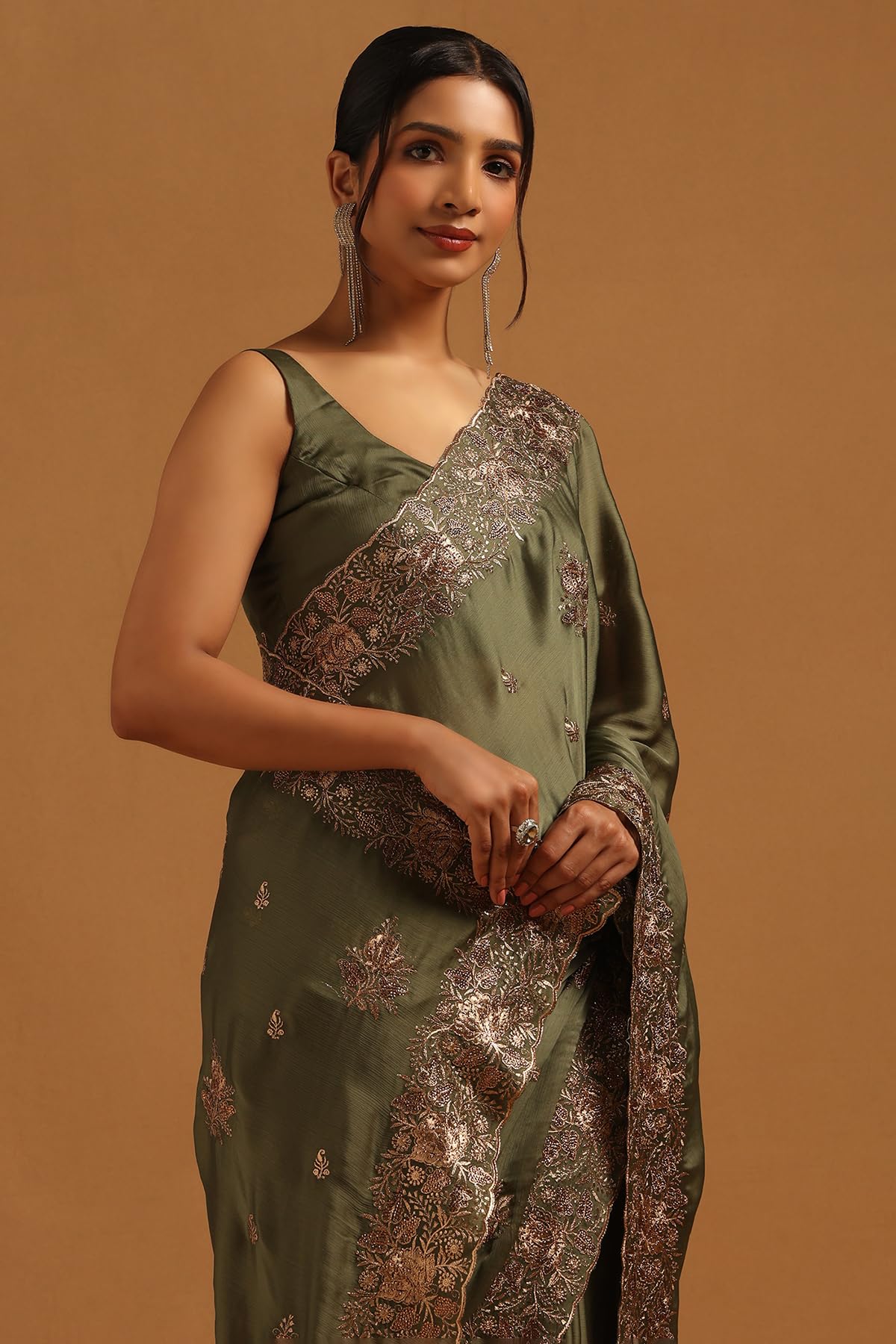Soch Womens Green Fendy Chiffon Floral Saree With Stone Work