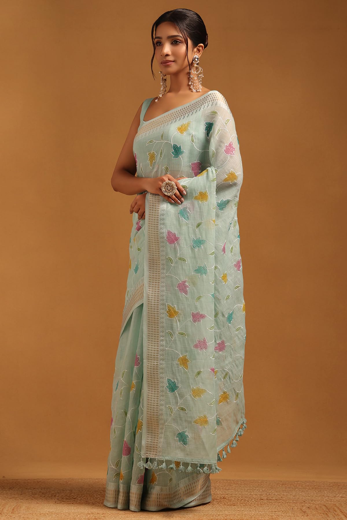 Soch Womens Powder Blue Linen Botanical Saree With Sequins