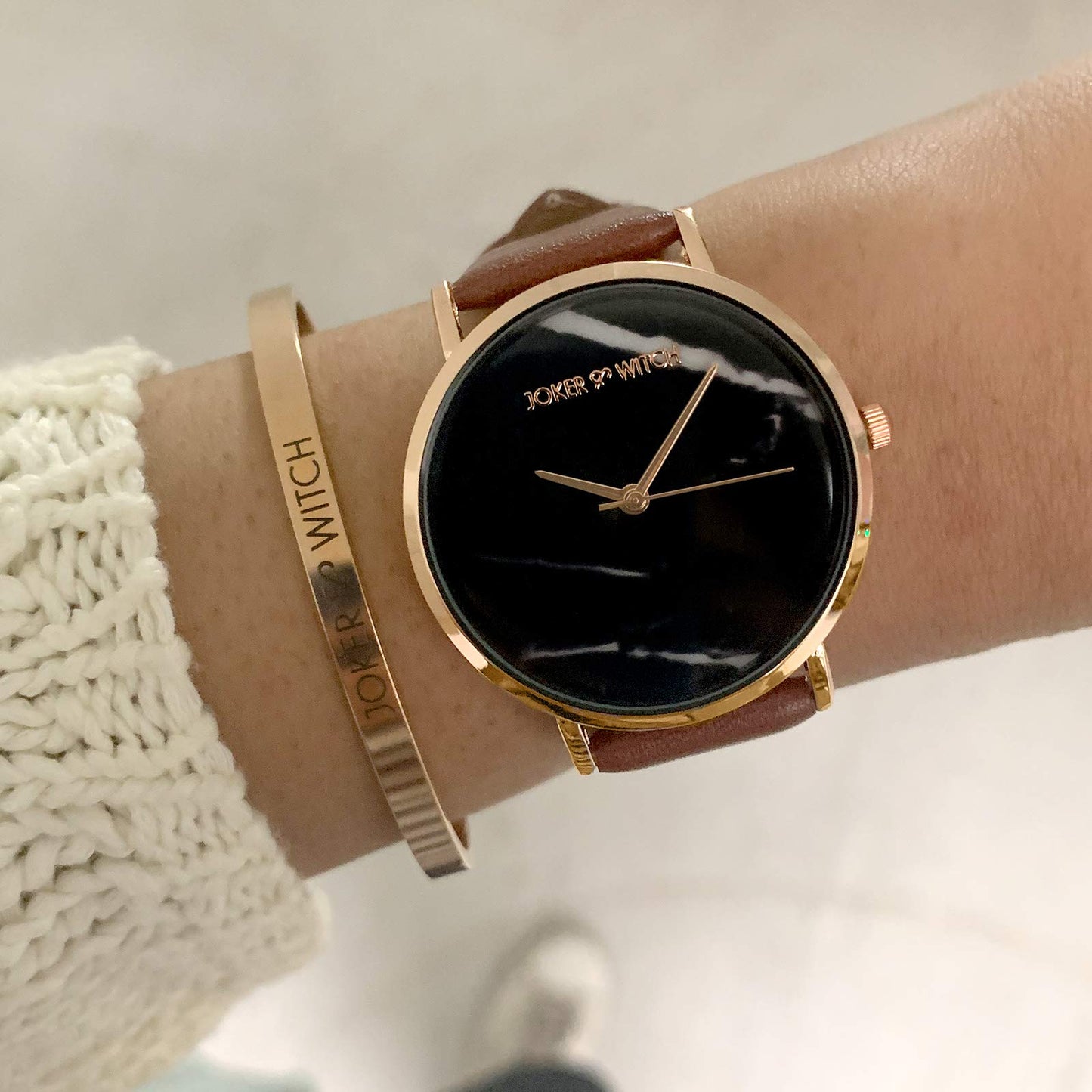 Joker & Witch Leather After Dusk Analogue Watch Bracelet Stack For Women, Black Dial, Brown Band