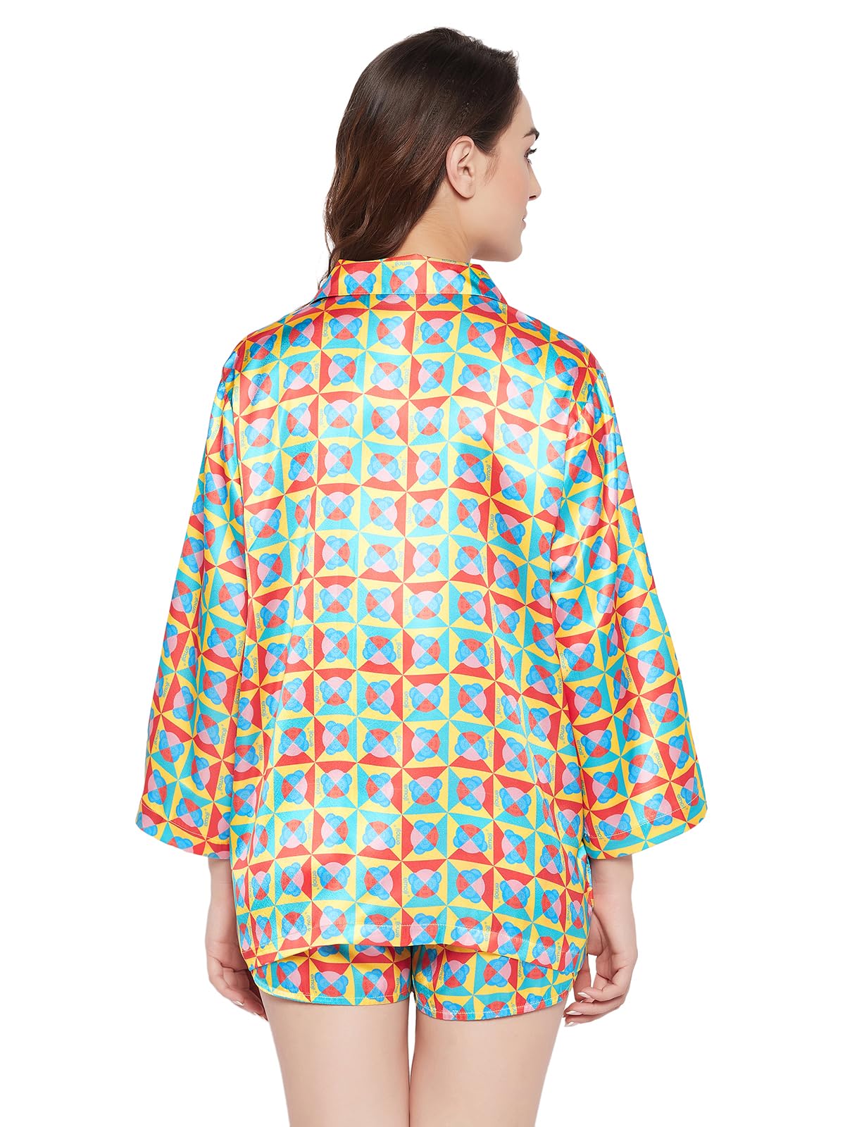 Clovia Women's Satin Printed 3 Piece Nightwear Set (LS0666P19_Multi_XL) Multicolour