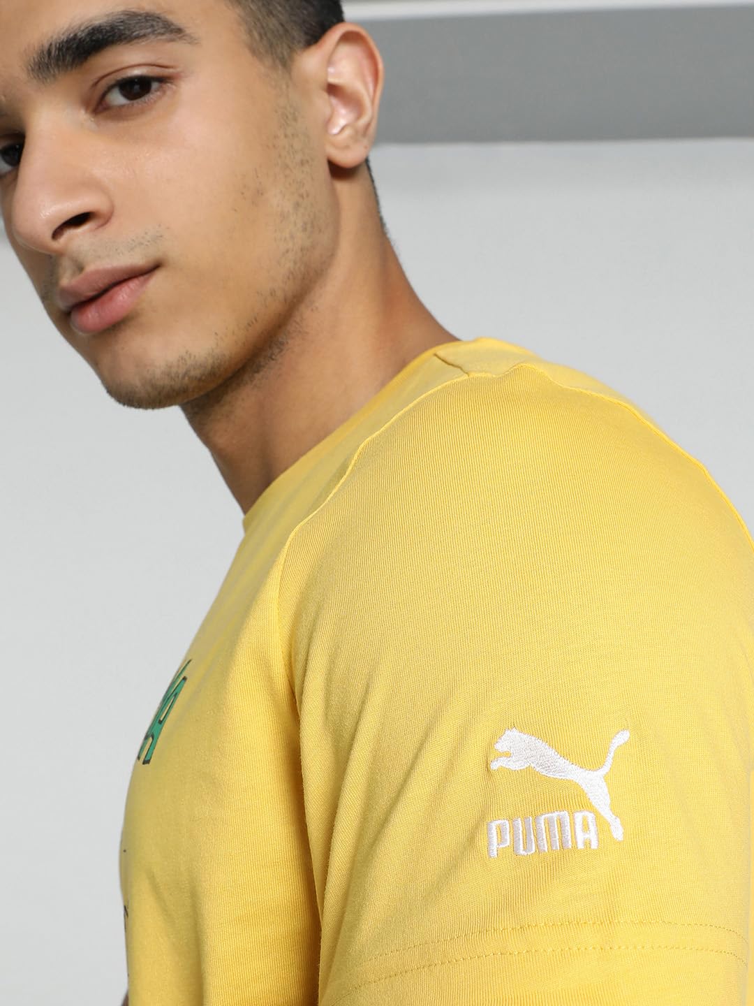 Puma Men's Graphic Print Slim Fit T-Shirt (676037_Mustard Seed-White
