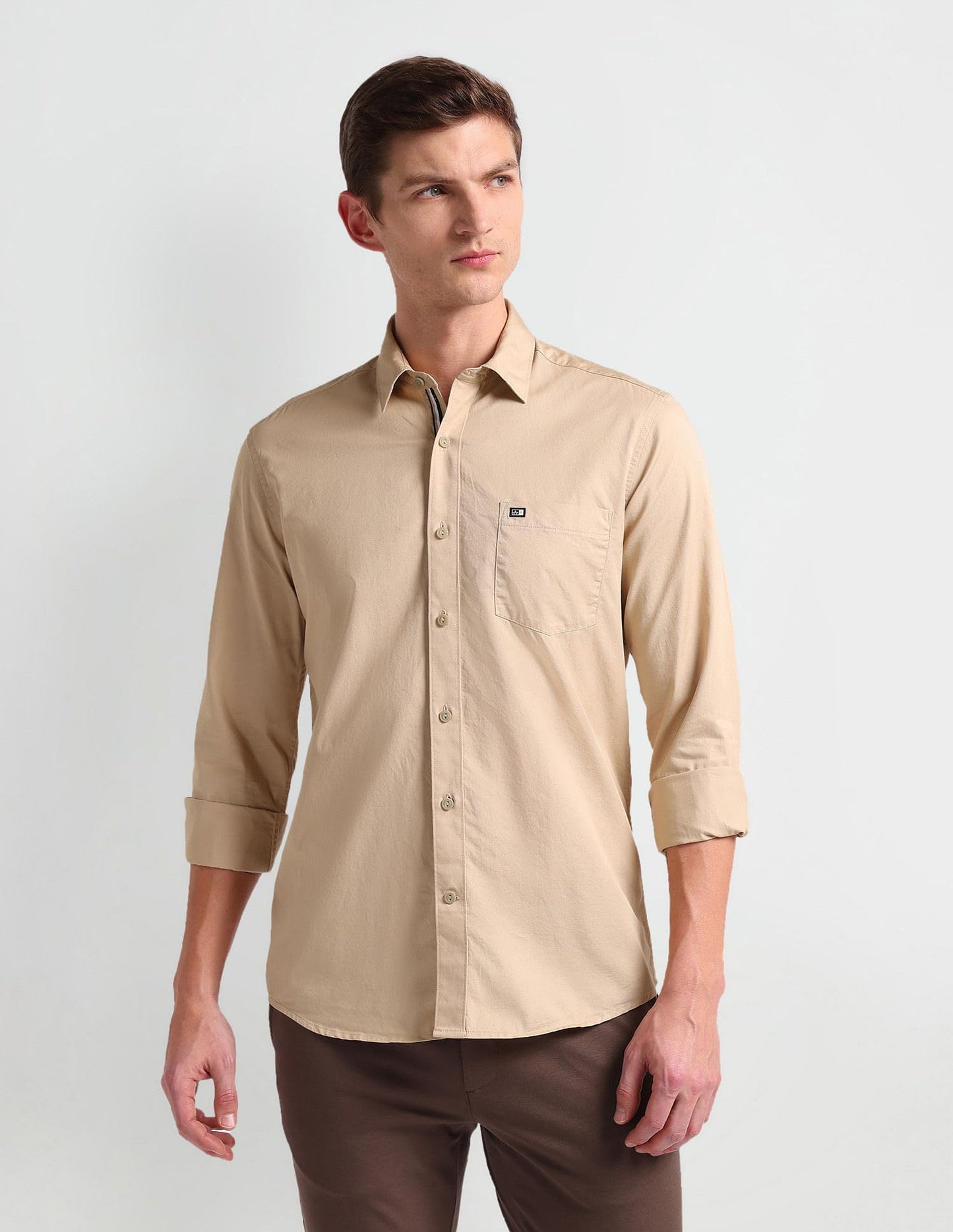 Arrow Manhattan Slim Fit Cotton Shirt Beige