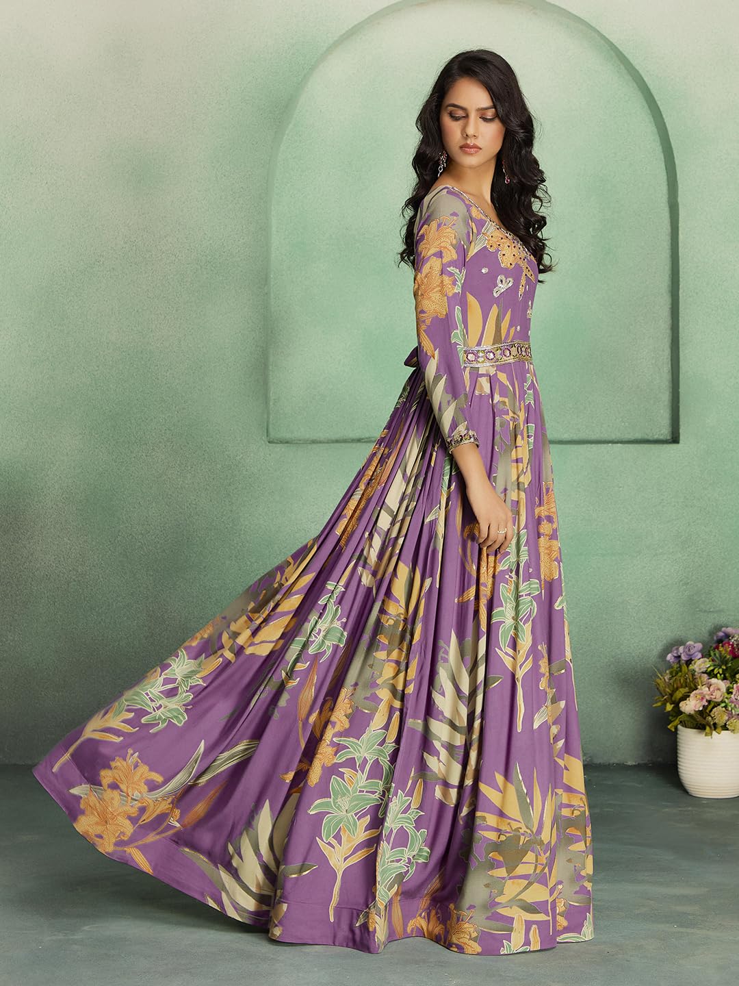 madhuram textiles Women's Rayon Print with Hand Embroidery Work Anarkali Long Gown(M-2543 Pink_4X-Large)