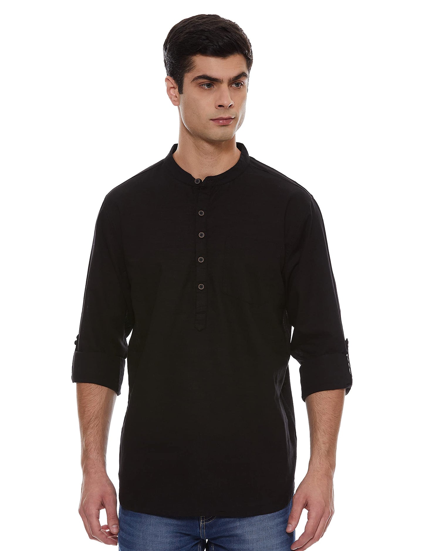 Max Men's Full Sleeves Mandarin Collar Solid Regular Fit Cotton Shirt Black