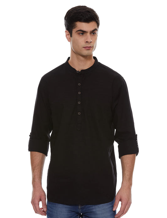 Max Men's Full Sleeves Mandarin Collar Solid Regular Fit Cotton Shirt Black