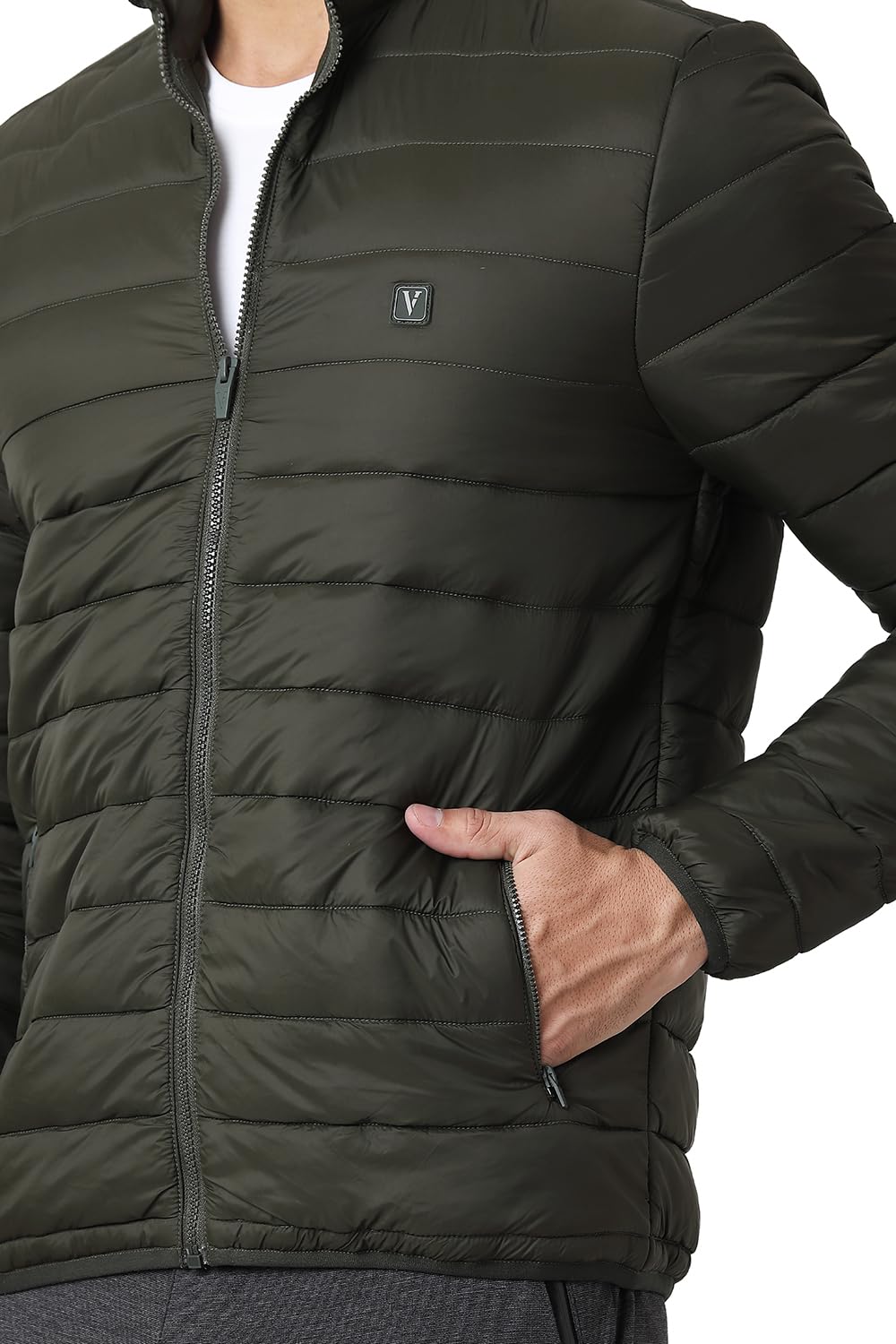 Van Heusen Men Athleisure Extra Warm Woven Long Length Jacket - 100% Nylon - High Neck, Zip Front, Sleeveless_80006_Military Green_M