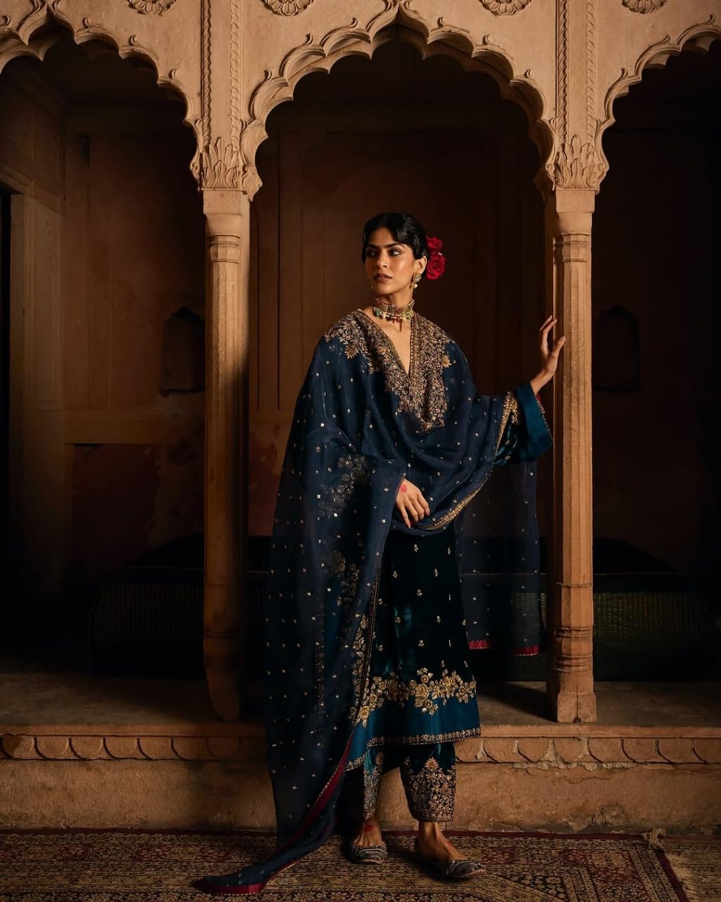 Brulry Women's Velvet Embroidered Teal Straight Kurta Suit Set with Pant and Dupatta