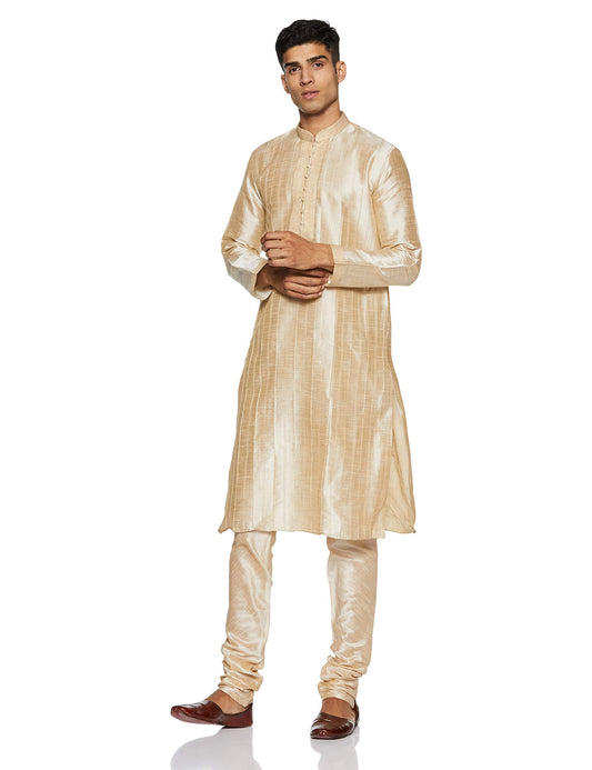 Manyavar Men's Full Sleeve Blended Solid Kurta & Churidar Set, Cream - Small (S952156-311)
