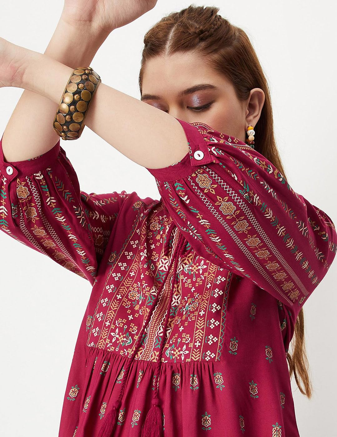 Max Women Printed Tie-Up Neck Tunic (INDIE33006WINE)_XXL
