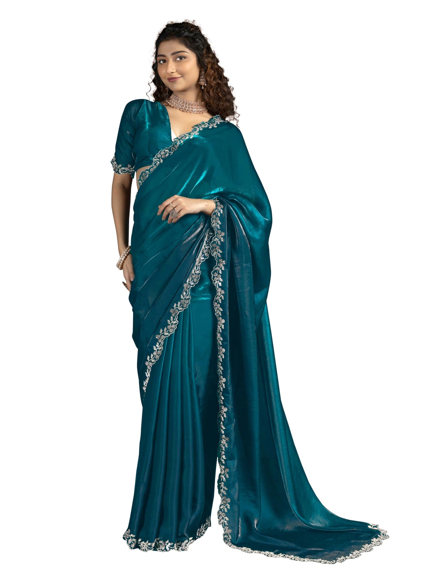 TRENDMALLS Women's Satin Zarkan Work Saree with Unstitched Blouse Piece (K1246-Morpeach)
