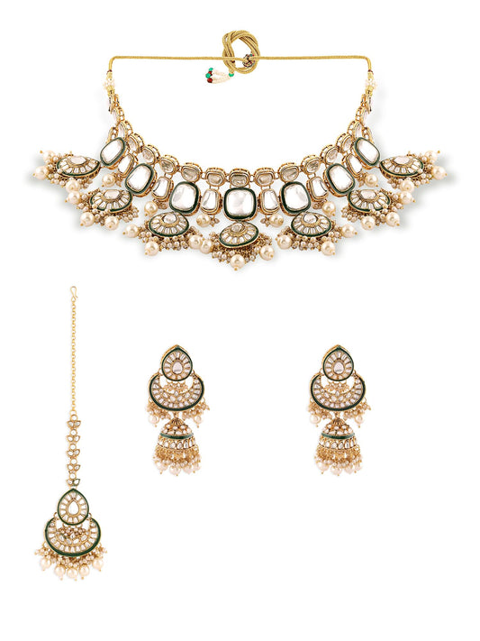 ZAVERI PEARLS Gold Tone & Green Enamel Kundan Artificial Stones & Pearls Drop Bridal Necklace Earring & Maangtikka Set For Women-ZPFK16933