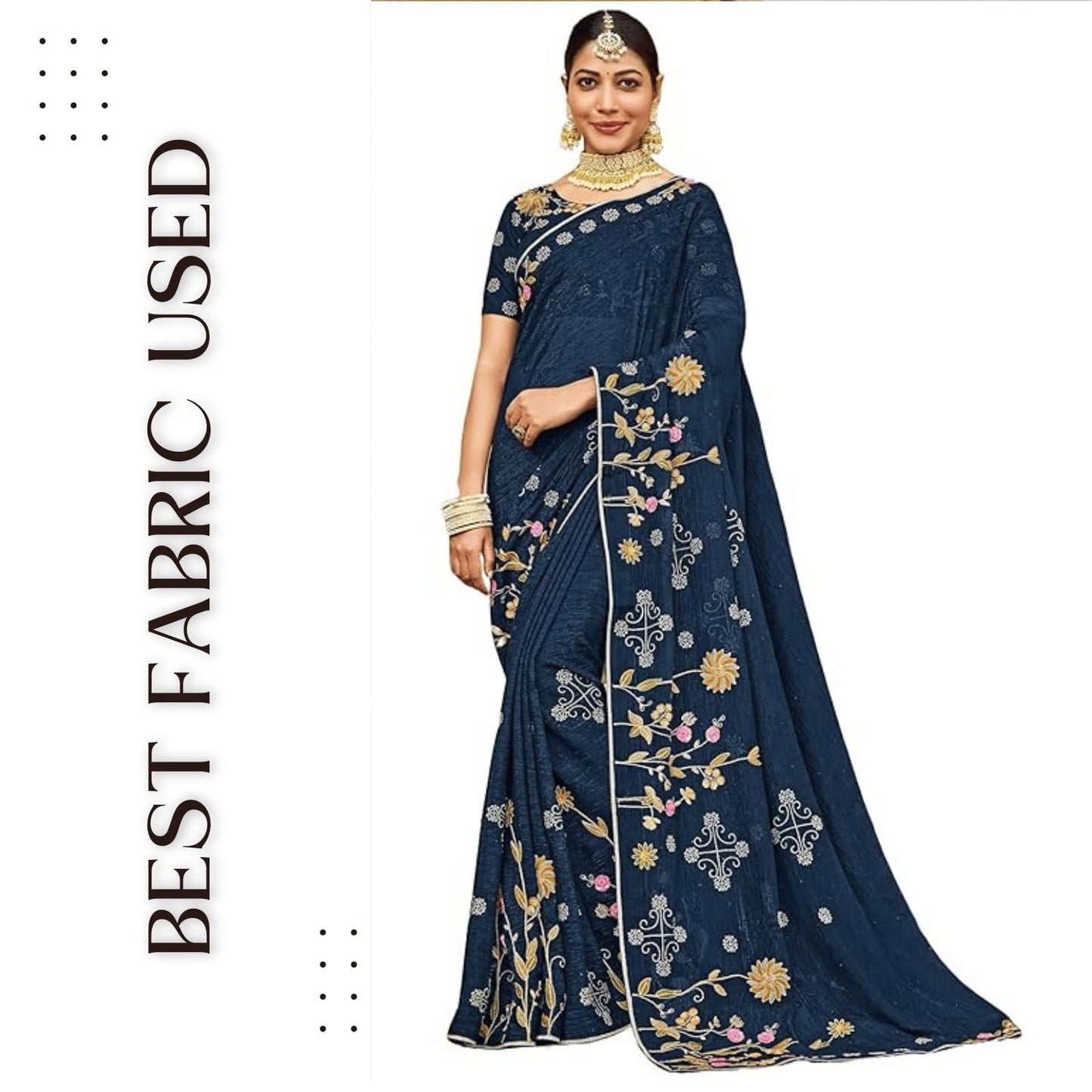 Laxmipati Sarees Women's Floral Embroidery Chiffon Saree in Blue Color with unstitched Blouse Material - Embrace Trendy Style And Timeless Elegance in this Exquisite Attire