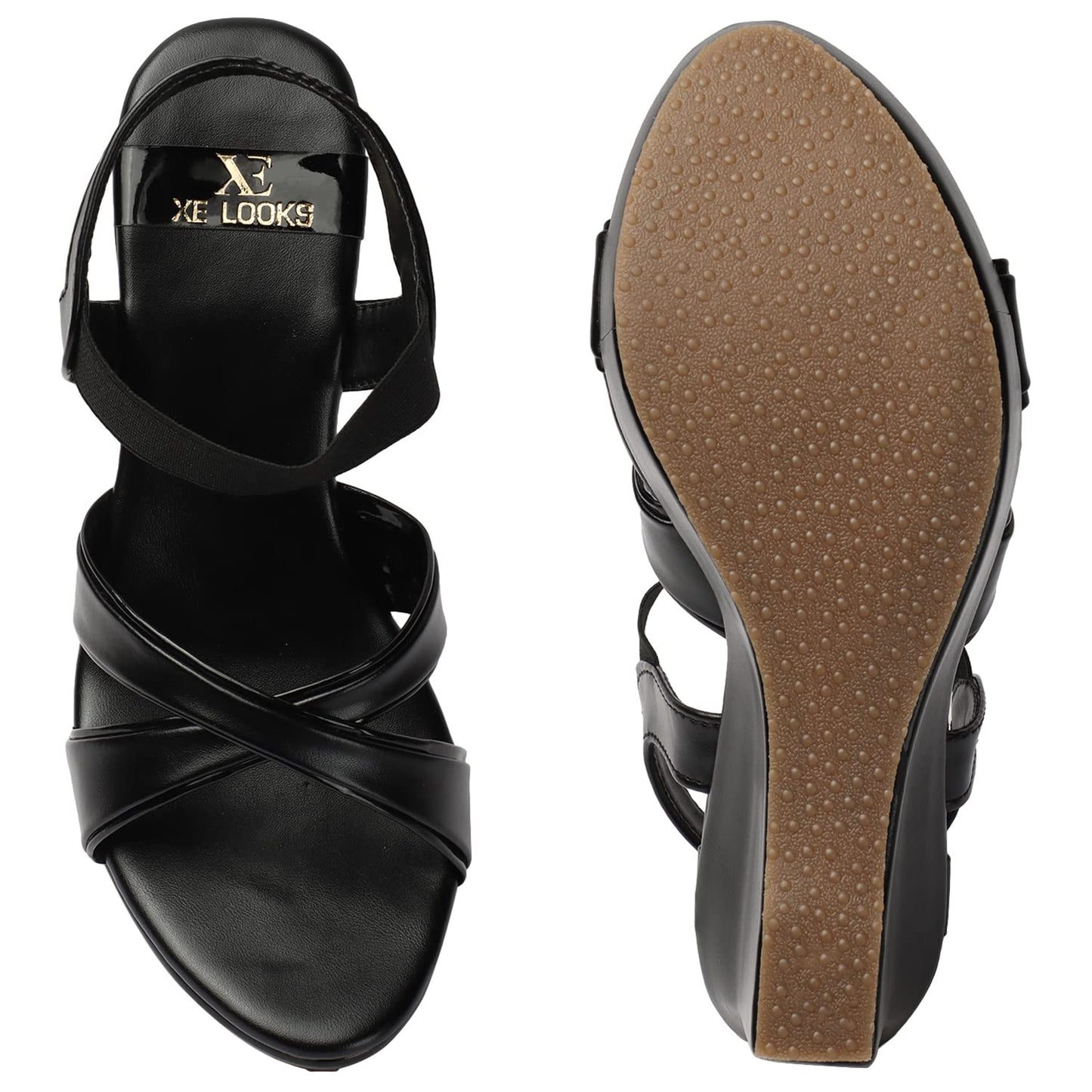 XE Looks Women's Black Wedge Heel Sandals | Stylish Cross Strap Slip-On Sandals for Girls | Comfortable Cushioned Sole | Open Toe Design | Ideal for Casual Party Office and Formal Wear