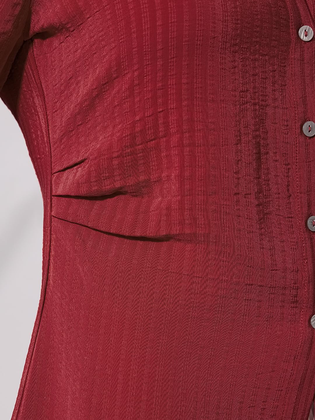 The Souled Store Side Rouching Shirt: Red Women and Girls Long Sleeves Collared Neck Button Front Slim Fit Viscose Shirts