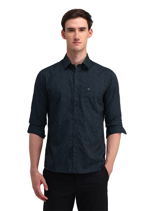 Arrow Sports Men's Blue Printed Collared Neck Long Sleeve Casual Cotton Slim Fit Shirt (ASAISH1735_Blue_40)