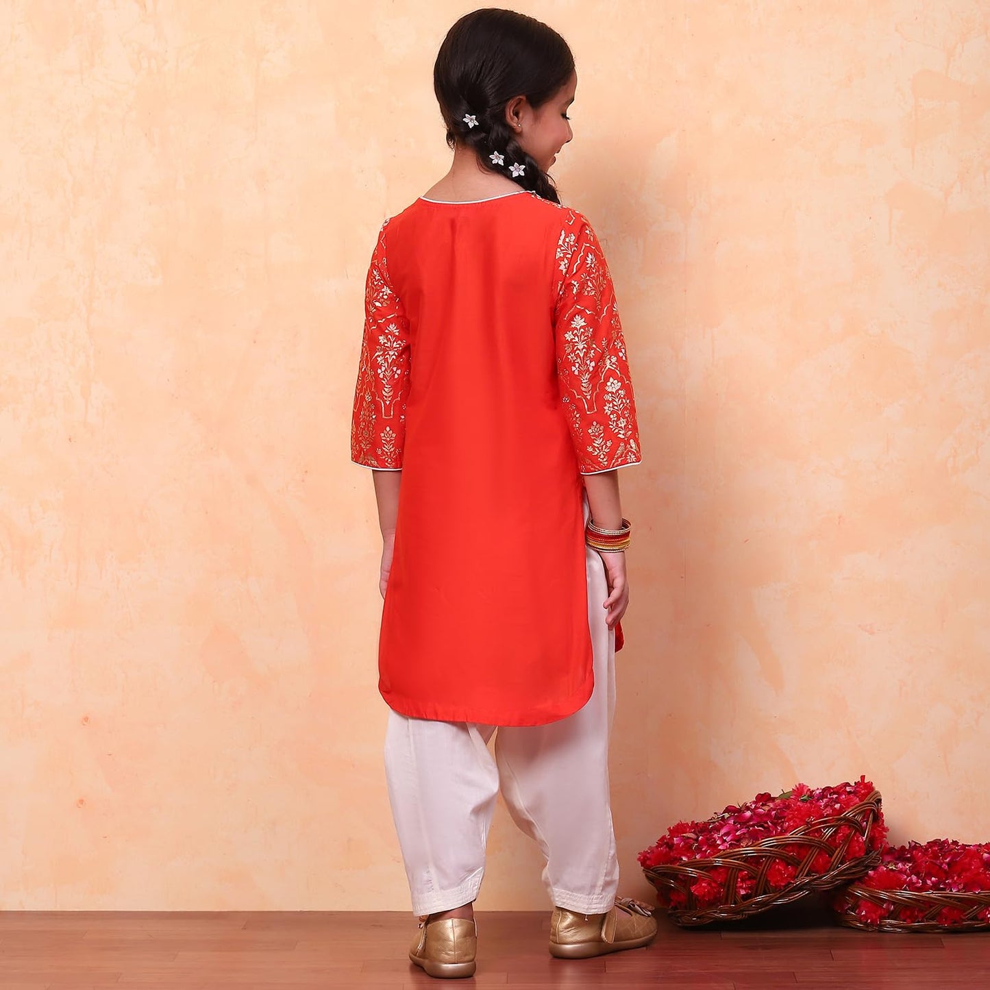 BIBA Girls Orange Straight Cotton Printed Kurta suit set