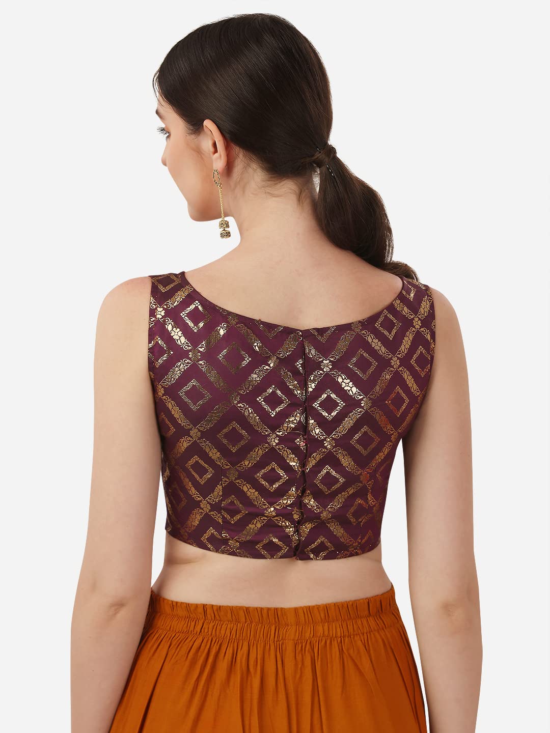 OOMPH! Women's Indian Ethnic Wear Designer Double Square Pattern Lace Work V Neck Sleeveless Purple Color Jacquard Readymade Blouse for Saree or Lehnga and Fusion Twist. L