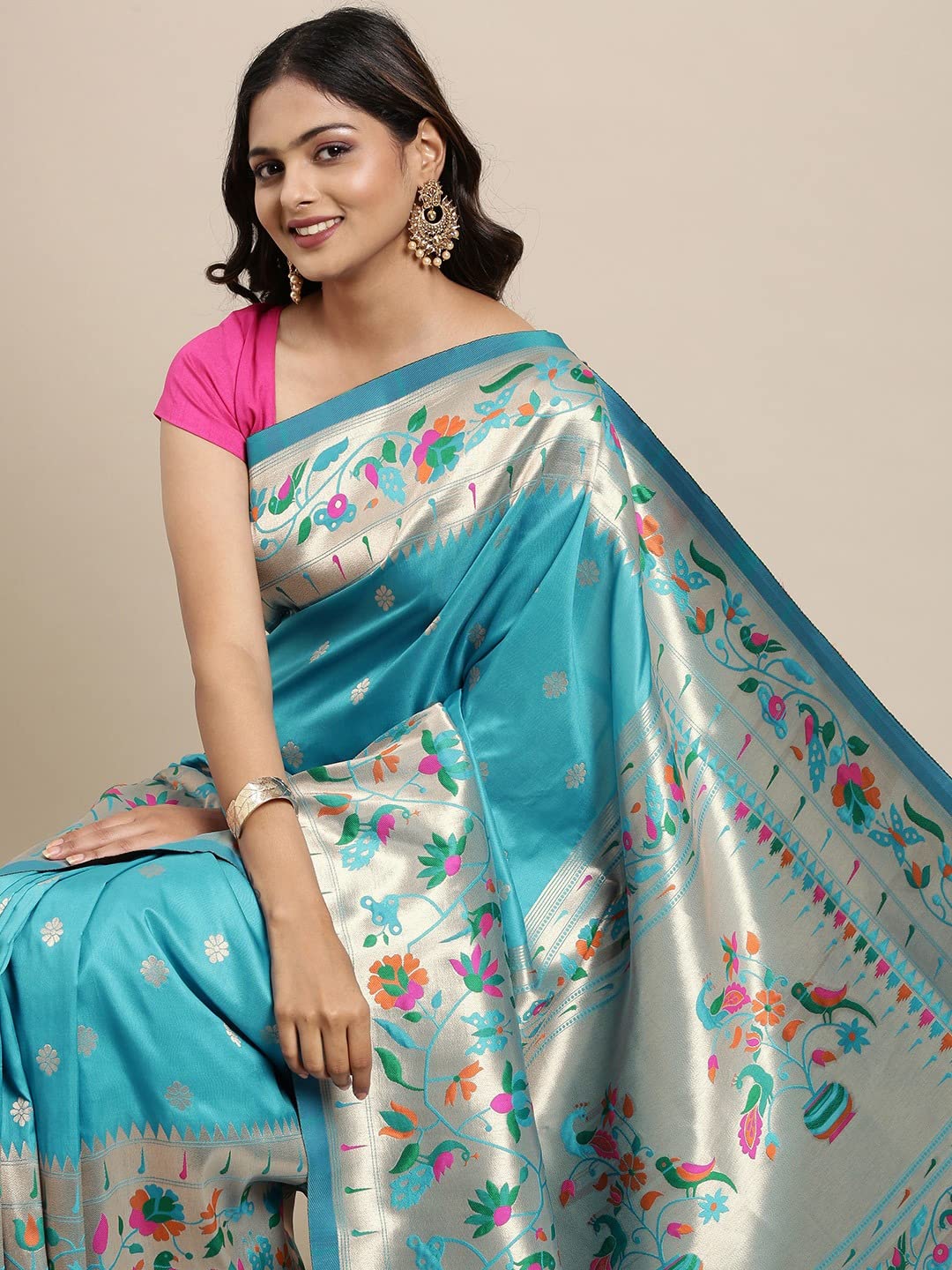 Pandadi Saree Women's Paithani Silk Saree With Blouse Piece (371PS1_Blue)