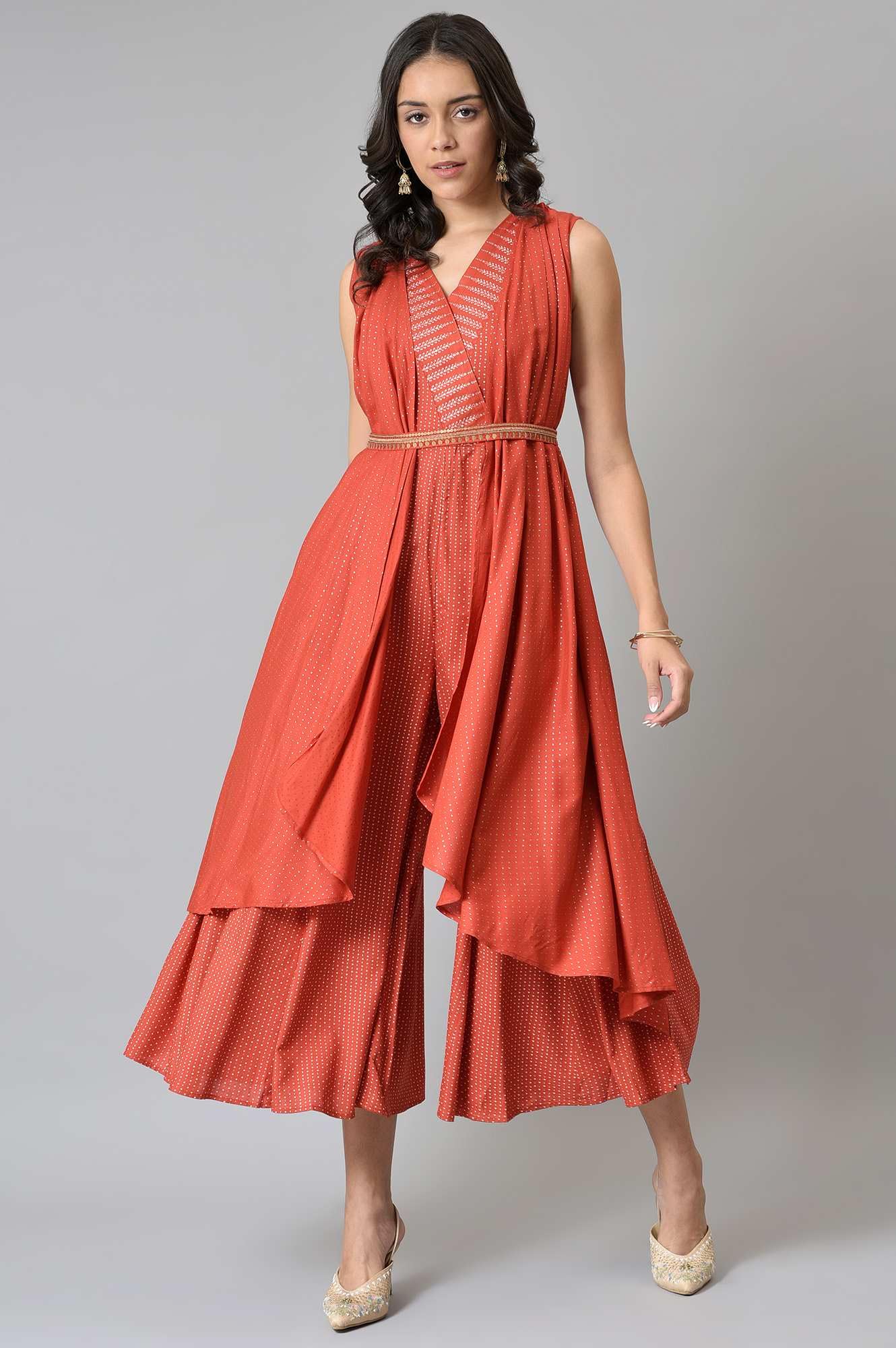 W for Woman Red Gilet Kimono Jumpsuit With Embellished Belt