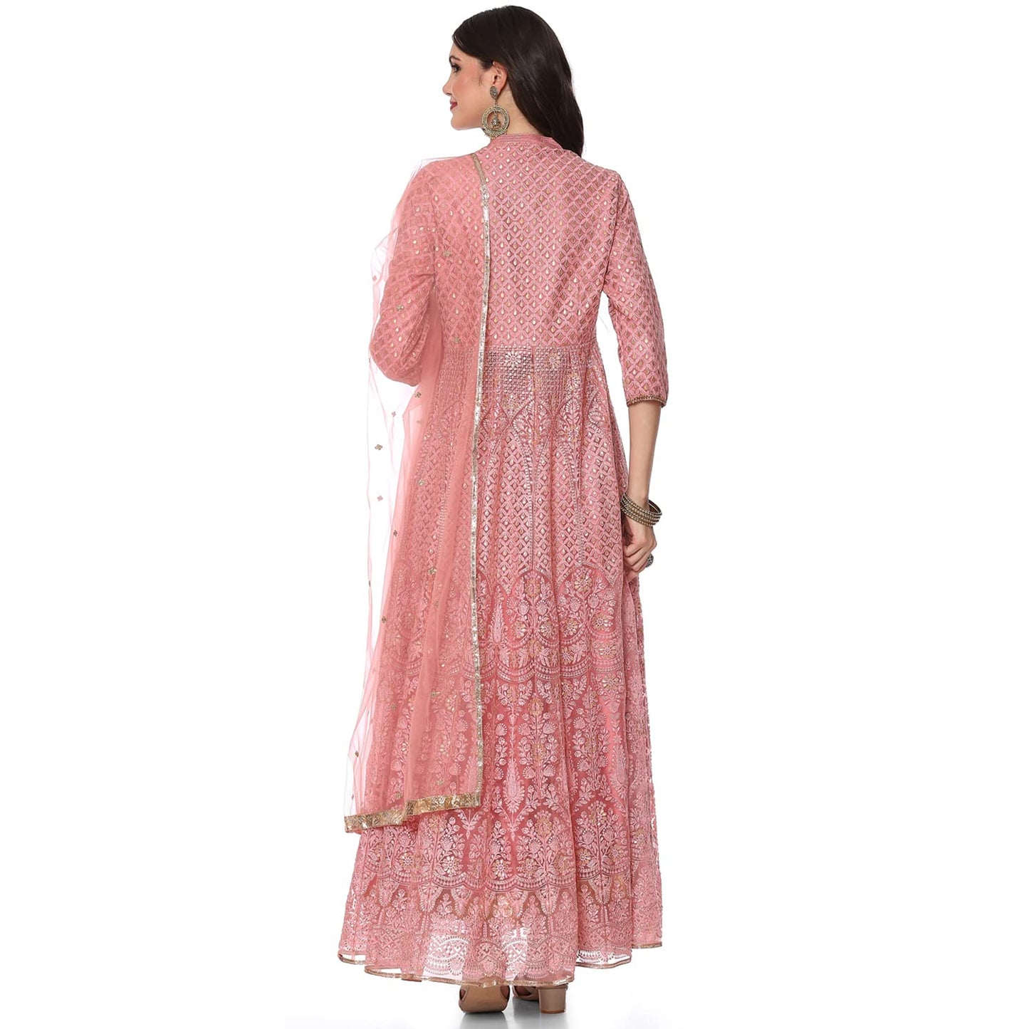 BIBA WOMEN EMBROIDERY FLARED SALWAR KURTA DUPATTA(SKD6463_DSKY PINK_32)