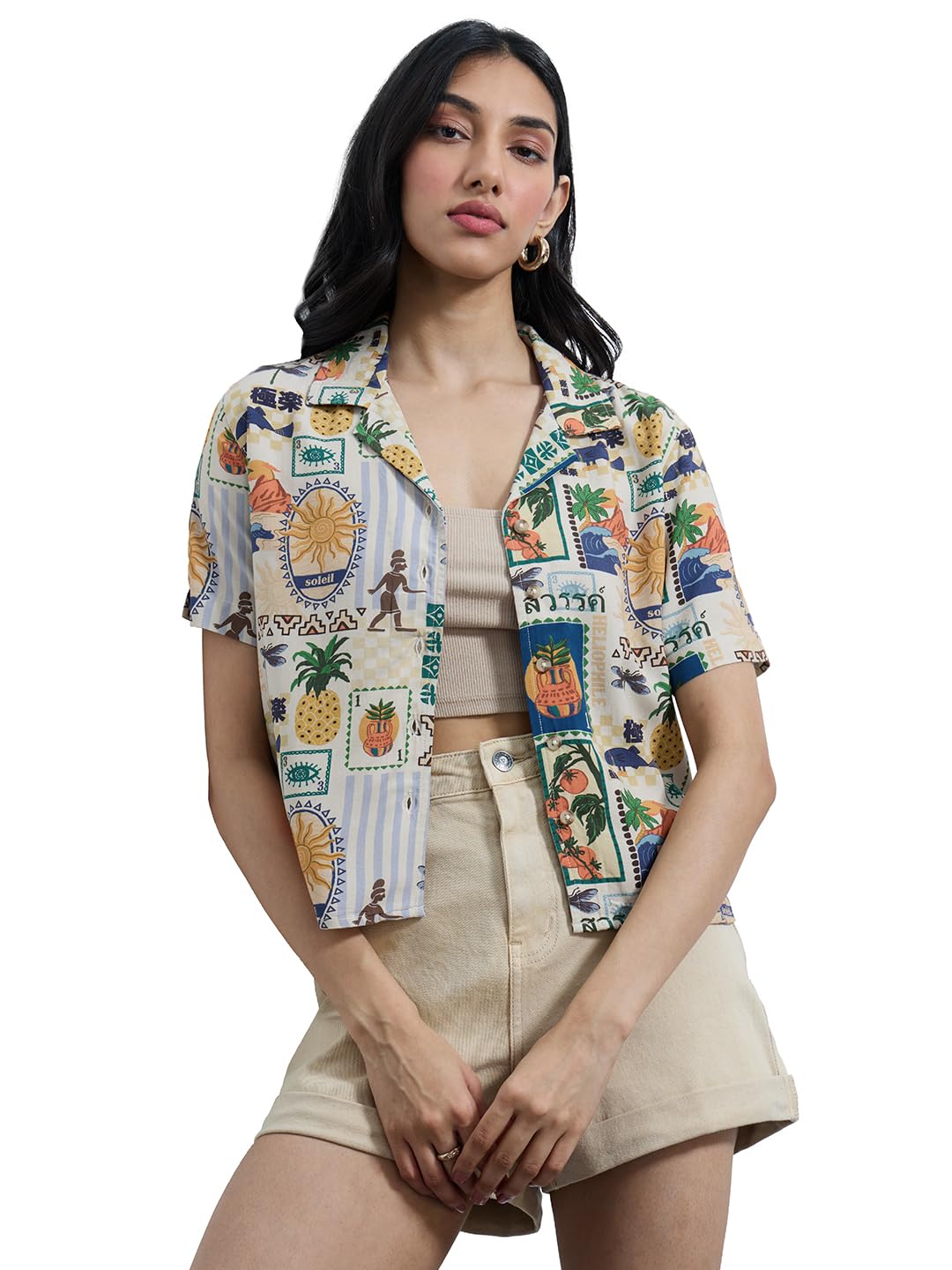 The Souled Store Originals: Tropical Mood Women and Girls Short Sleeves Collared Neck All Over Printed Cotton Regular Fit Casual Holiday Shirts