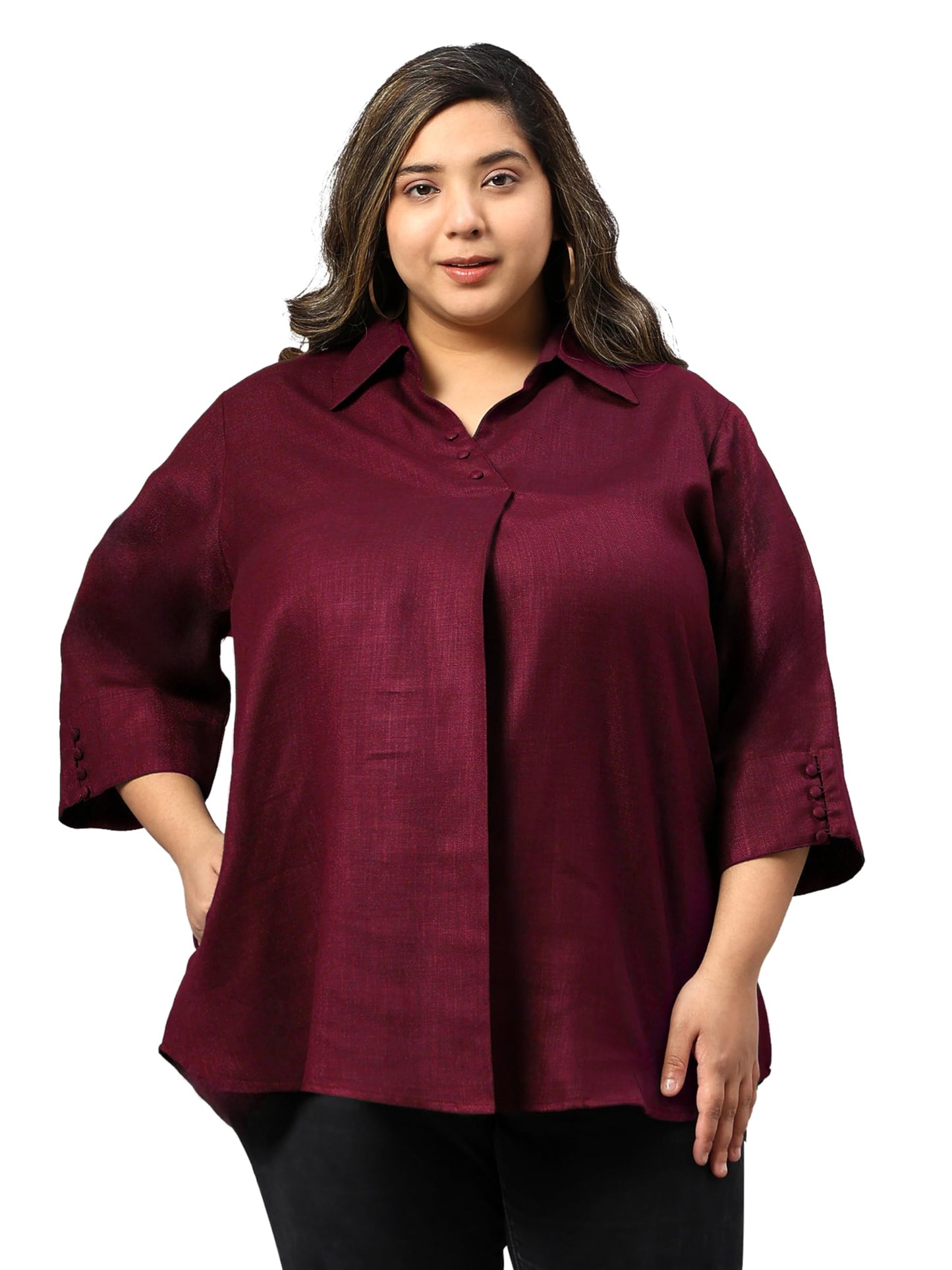 Indietoga Women Plus Size Silk Wool Blend Centre Pleat Winter Wear Tunic Tops (P10001668_Maroon Solid_XL)
