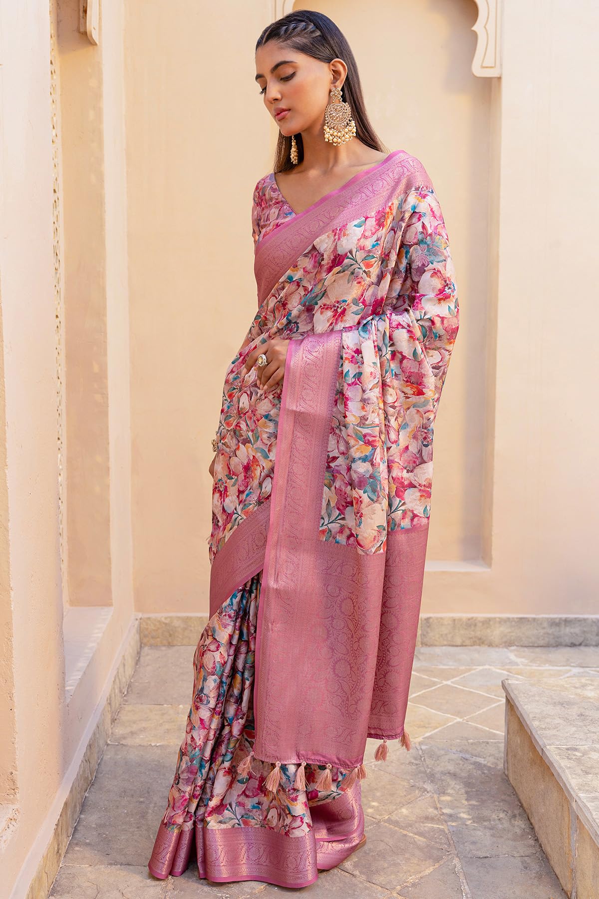 Soch Womens Multicolour Tussar Floral Print Saree