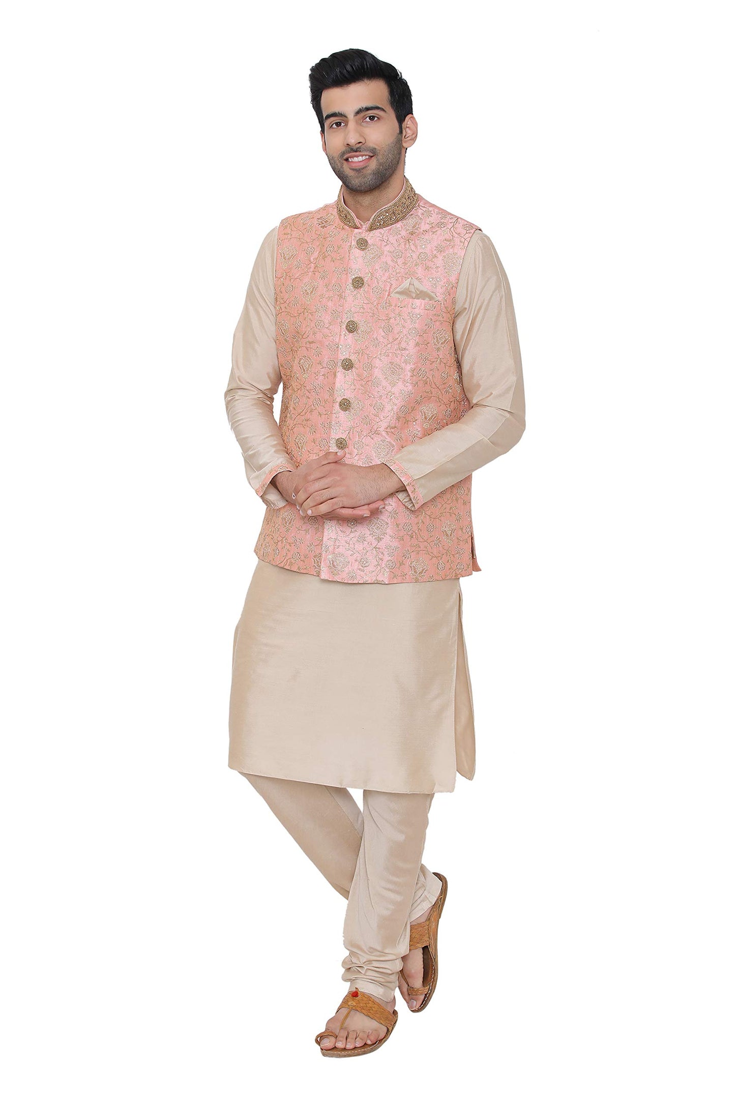 Manyavar Men's Silk Blend Kurta Chudidar (JAST138_Pink_M)