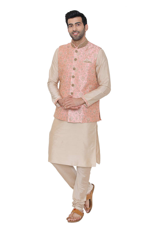 Manyavar Men's Silk Blend Kurta Chudidar (JAST138_Pink_M)