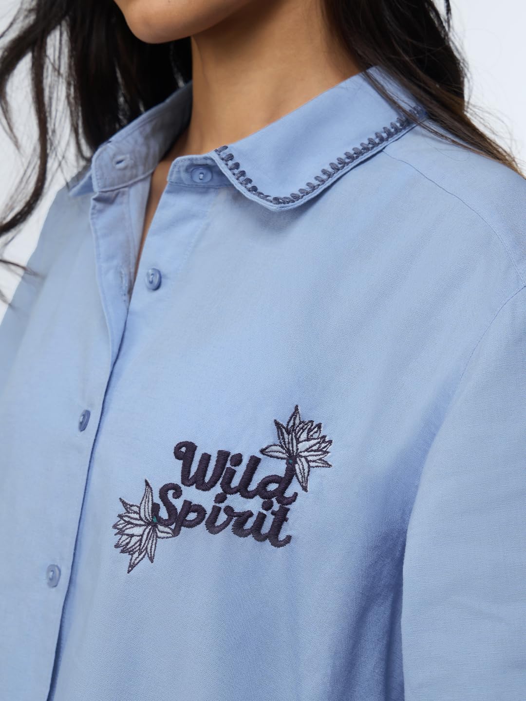 The Souled Store Cotton Linen: Wild Spirit Women and Girls Long Sleeves Collared Neck Button Front Blue Embroidered Lightweight Summer-Ready Cotton Linen Shirt for Casual Streetwear