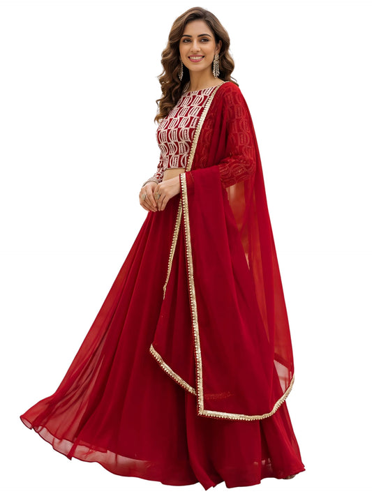 Zeel Clothing Women's Chikankari Sequins Embroidered Georgette Lehenga Choli with Dupatta (5050-Red-Women-New-Lehenga-Choli; Free Size)