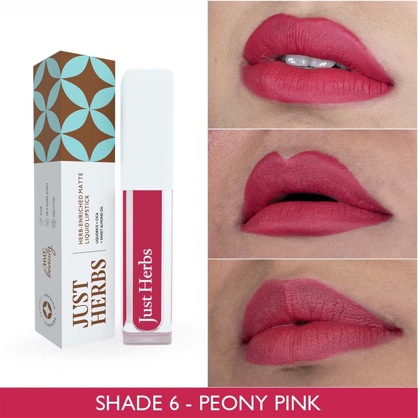 Just Herbs Ayurvedic Creamy Matte Long Lasting Liquid Lipstick with Liquorice & Sweet Almond Oil - Peony Pink - 2 ml