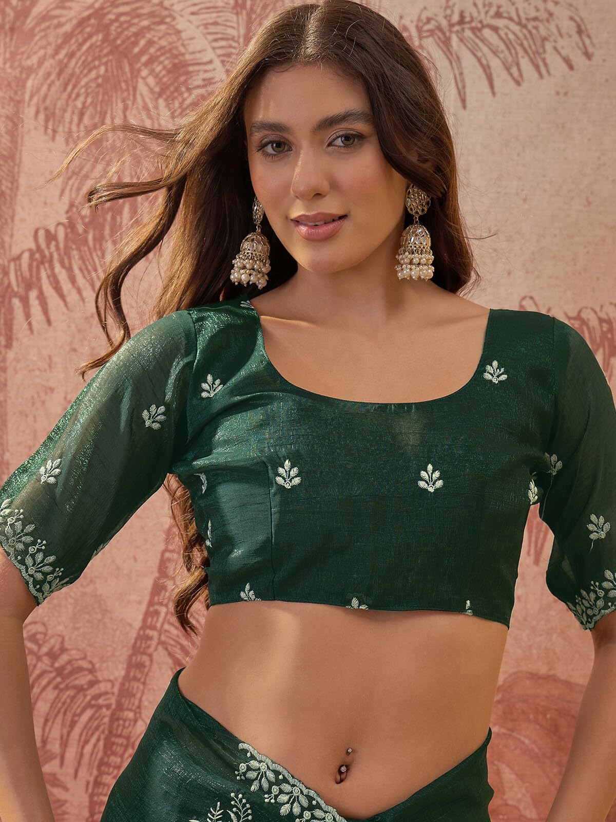 SIRIL Women's Shimmer Chiffon Scalloped Border Embroidery Saree with Unstitched Blouse Piece (5312S202_Dark Green)